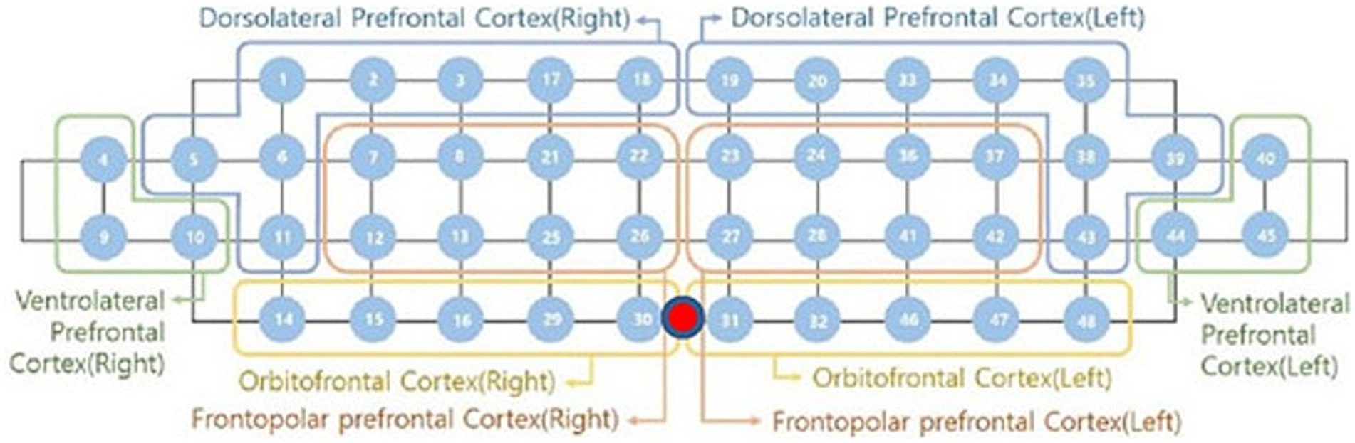 Diagram mapping the prefrontal cortex, highlighting Dorsolateral, Ventrolateral, Orbitofrontal, and Frontopolar regions on left and right sides. Circles numbered one to forty-eight represent different areas.