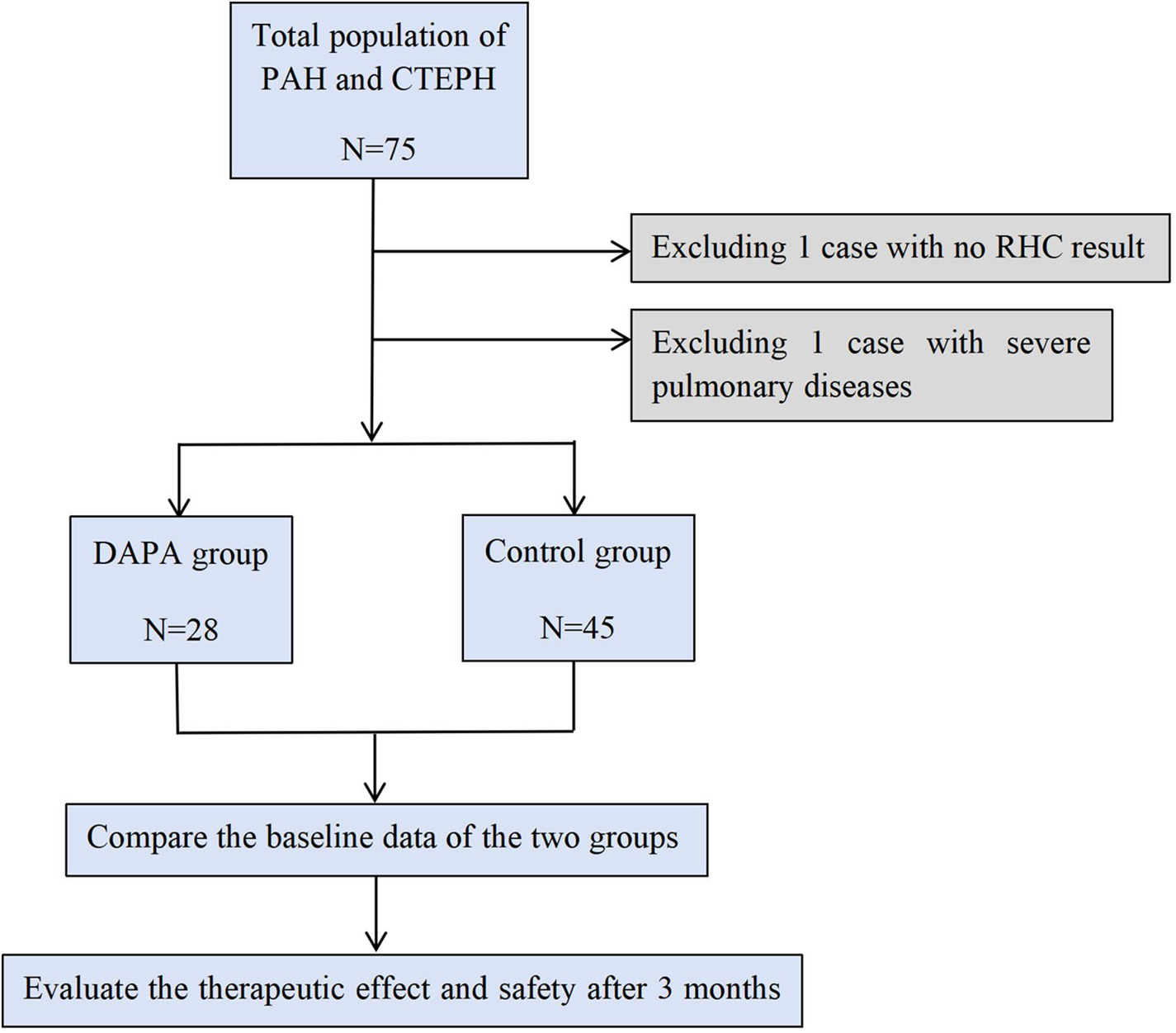 Flowchart showing the selection process of a study with an initial population of 75 patients with PAH and CTEPH. One case with no RHC result and one with severe pulmonary diseases were excluded. The remaining were split into the DAPA group with 28 patients and a Control group with 45 patients. The baseline data of the two groups was compared. The therapeutic effect and safety were evaluated after three months.