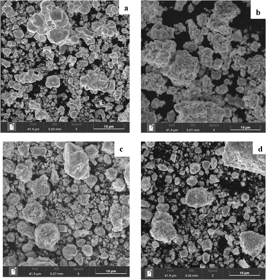 Scanning electron microscope images labeled a, b, c, and d, show clusters of spherical particles with varying sizes and textures. The scale bar indicates a magnification of ten micrometers.