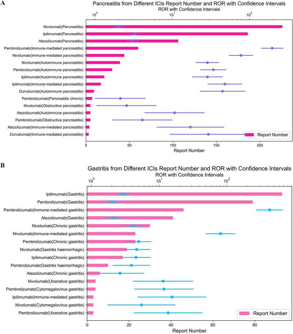 Bar charts depicting report numbers and ROR with confidence intervals for pancreatitis (A) and gastritis (B) from different immune checkpoint inhibitors (ICIs). The x-axis represents report numbers, while the y-axis lists ICIs related to specific conditions. Pink bars indicate report numbers, and blue lines show ROR with confidence intervals.