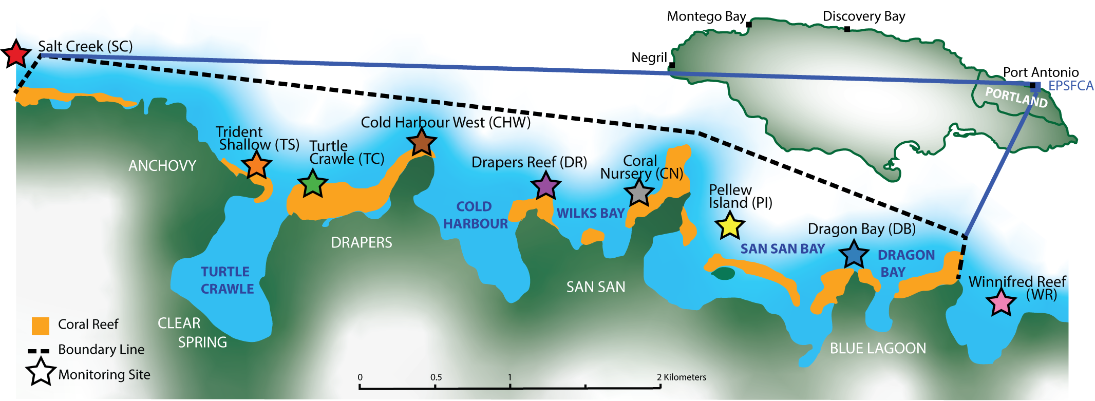 Map of coral reef monitoring sites along the northeast coast ofJamaica. Key locations include Salt Creek, Trident Shallow, Turtle Crawle, Cold HarbourWest, Drapers Reef, Coral Nursery, Pellew Island, Dragon Bay, and Winnifred Reef. Coralreefs are marked in orange, with stars indicating monitoring sites. A dashed line showsthe boundary line. Port Antonio is the closest town to the monitoring area, while Negril, Montego Bay, and Discovery Bay are included for broader geographic context.