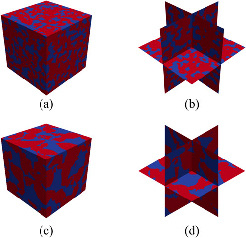 Four panels (a–d) show 3D reconstructions of a coarse-grained conglomerate with two phases. Panels (a) and (c) display full cubes; (a) is reconstructed by the Yeong–Torquato algorithm and (c) by differentiable descriptors. Panels (b) and (d) show three mutually orthogonal cross-sections arranged in a star layout for the corresponding volumes, revealing interior connectivity and texture.