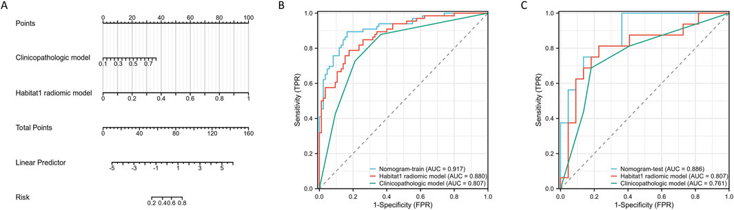Panel A shows a nomogram with scales for points, clinicopathologic model, Habitat1 radiomic model, total points, linear predictor, and risk. Panel B presents a receiver operating characteristic (ROC) curve comparing nomogram-train, Habitat1 radiomic model, and clinicopathologic model with respective AUC values of 0.917, 0.880, and 0.807. Panel C is another ROC curve for nomogram-test, Habitat1 radiomic model, and clinicopathologic model with AUC values of 0.886, 0.807, and 0.761.