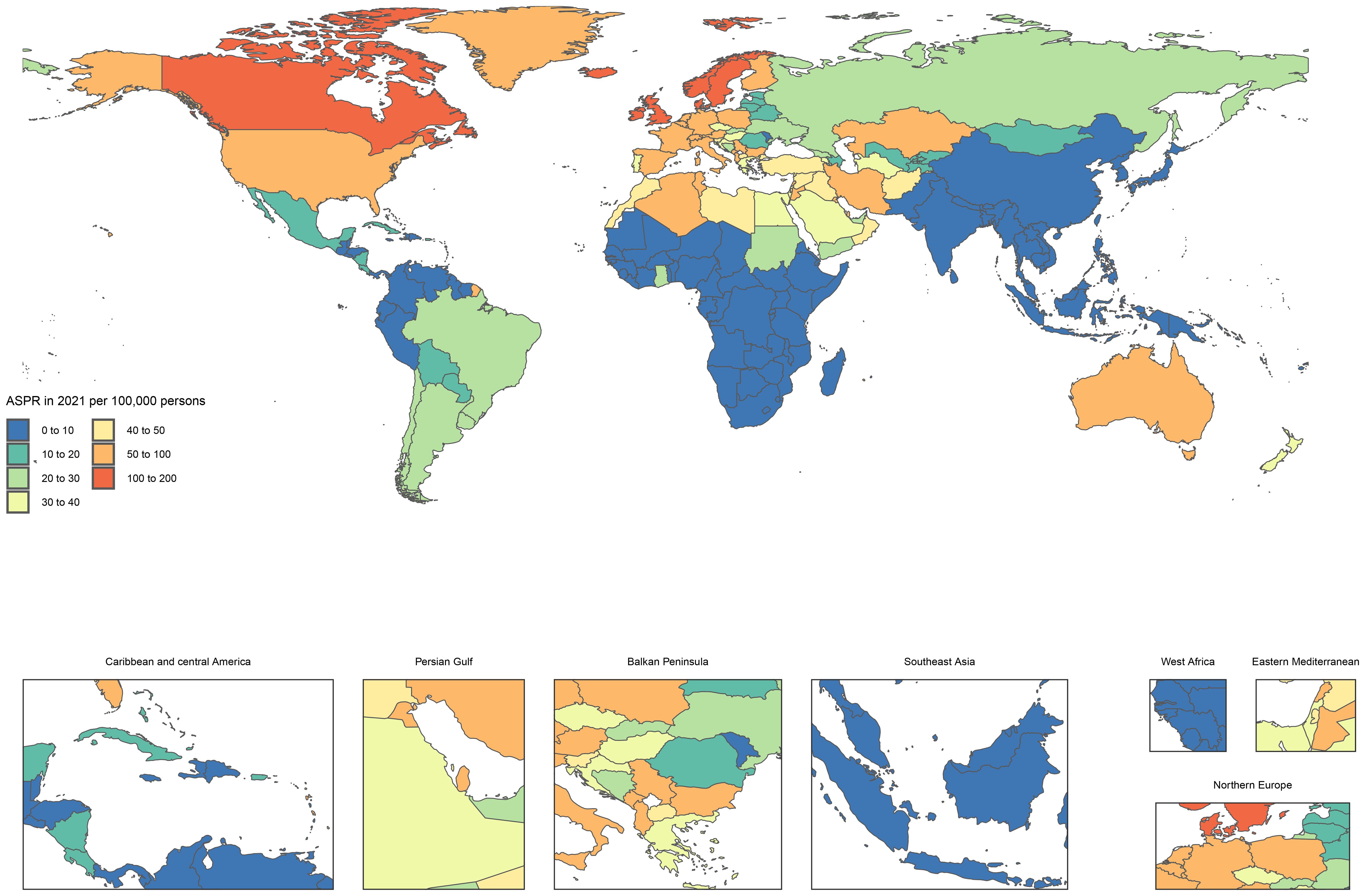 Map depicting Age-Standardized Prevalence Rates (ASPR) per 100,000 persons in 2021 by country, with a color gradient from blue to red representing increasing rates. Insets highlight Caribbean and Central America, Persian Gulf, Balkan Peninsula, Southeast Asia, West Africa, Eastern Mediterranean, and Northern Europe.