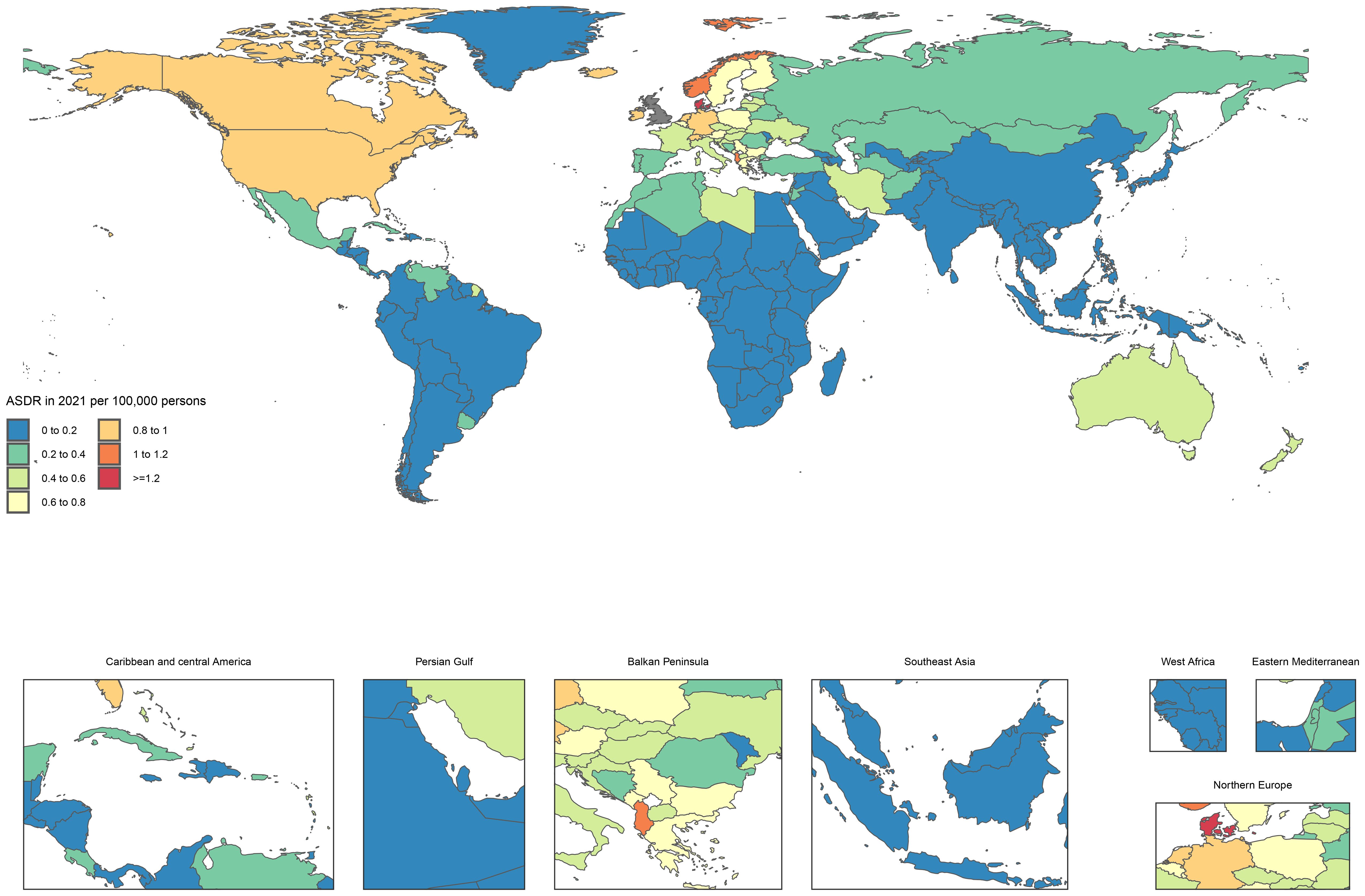 World map depicting age-standardized death rates (ASDR) per 100,000 persons in 2021, color-coded by rate. Regional insets include Caribbean and Central America, Persian Gulf, Balkan Peninsula, Southeast Asia, West Africa, Eastern Mediterranean, and Northern Europe. Rates range from 0 to over 1.2, with most areas in blue, indicating higher rates.