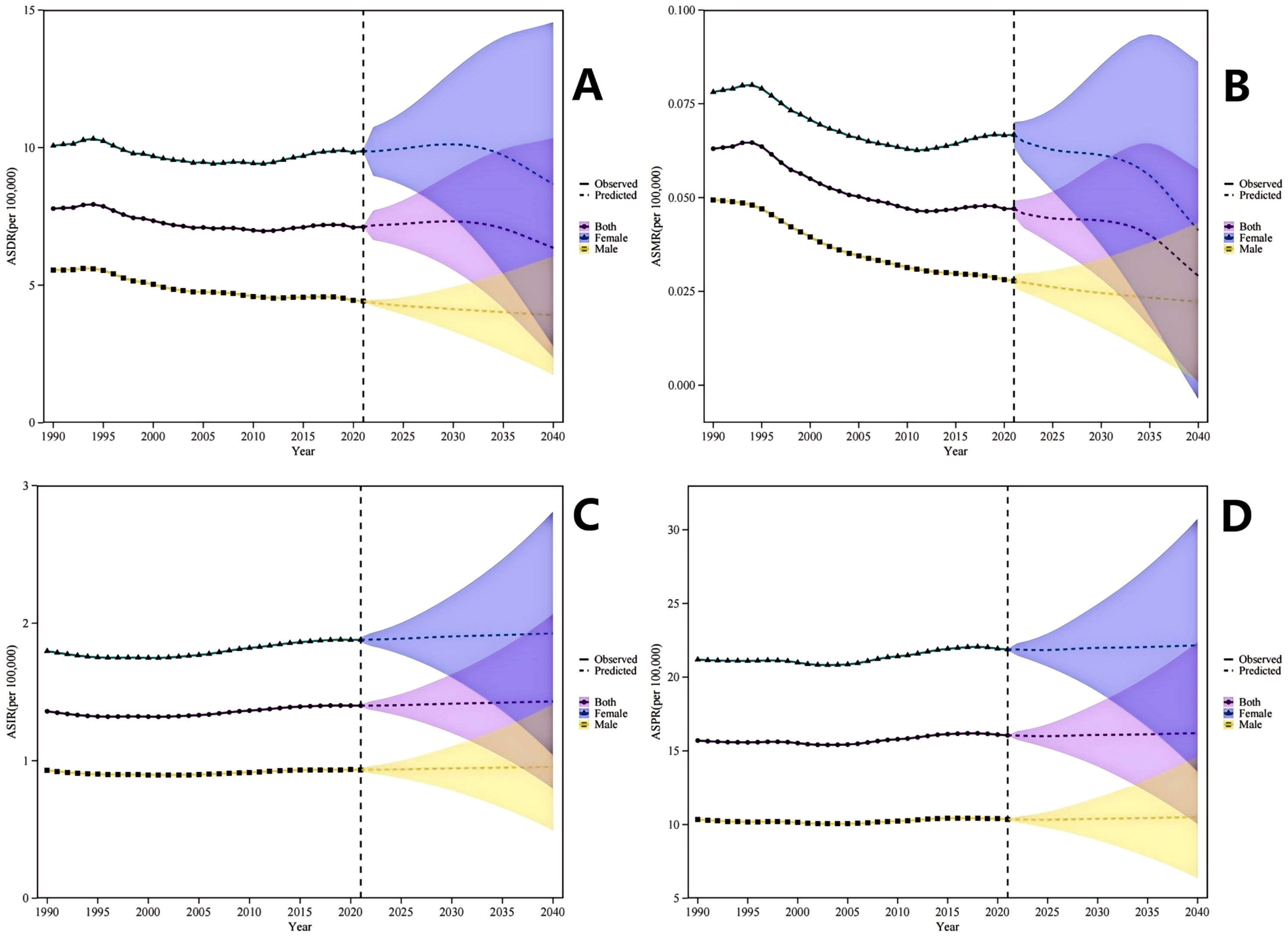 Four graphs labeled A to D show observed and predicted trends from 1990 to 2040 for different groups: both genders, females, and males. Shaded areas in blue, purple, and yellow represent predictions with increasing variance after 2020. Each graph uses the same color legend for gender differentiation. A dashed vertical line at 2020 separates observed data from predictions.