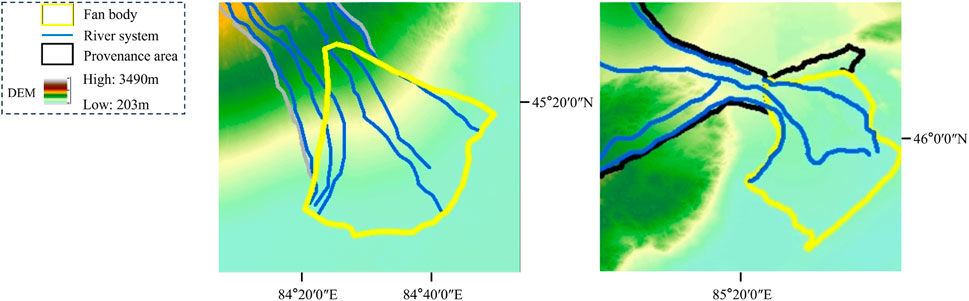 Two maps showing river systems with elevation data. The left map has outlined features: yellow for fan body, blue for river system, and black for provenance area, spanning coordinates 84°20'0