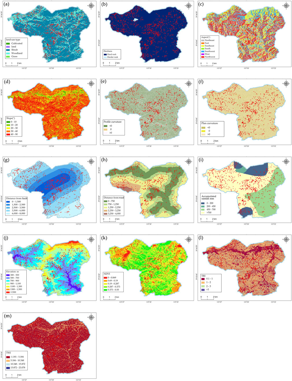 A series of 13 maps depicting various geological and environmental attributes of a region. Each map uses a color-coded legend to represent different data:(a) Land use showing categories like cropland and woodlands.(b) Hardness differences between rock and hard rock areas.(c) Aspect direction including categories such as north and south.(d) Slope gradient in degrees.(e) Profile curvature indicating concave or convex areas.(f) Plan curvature with values for the surface.(g) Distance from fault lines.(h) Proximity to roads.(i) Accumulated rainfall data.(j) Elevation levels in meters.(k) NDVI indicating vegetation density.(l) Terrain ruggedness.(m) Topographic Wetness Index showing potential soil moisture.