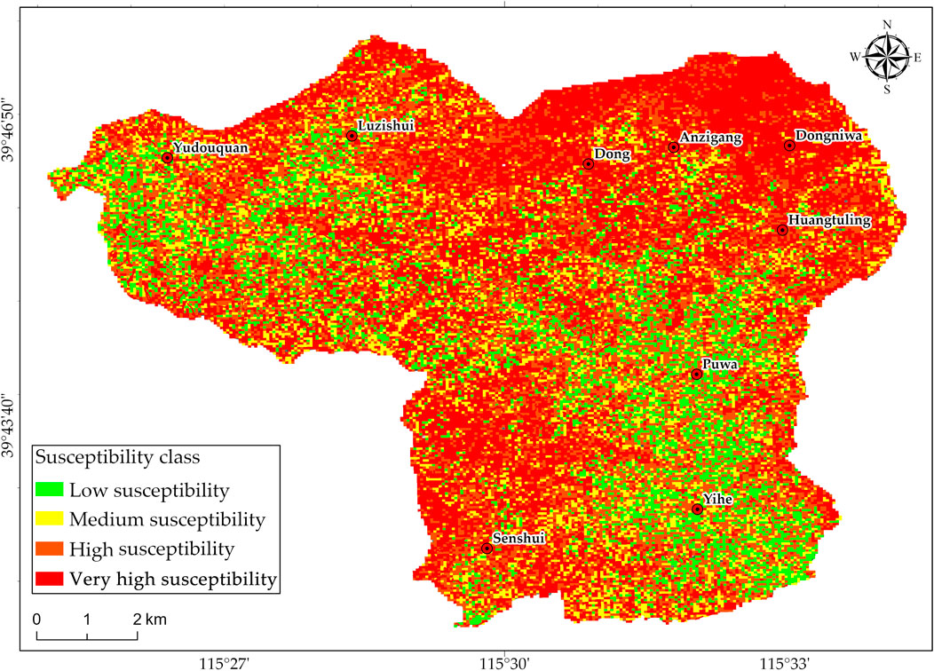 Map showing susceptibility classes to a condition within a specific geographic area, marked by different colors: green for low, yellow for medium, orange for high, and red for very high susceptibility. Notable locations include Yudouquan, Luzishui, Dong, Anzigang, Dongniwa, Huangtuling, Puwa, Senshui, and Yihe. A compass rose indicates north, and a scale bar shows the distance in kilometers.