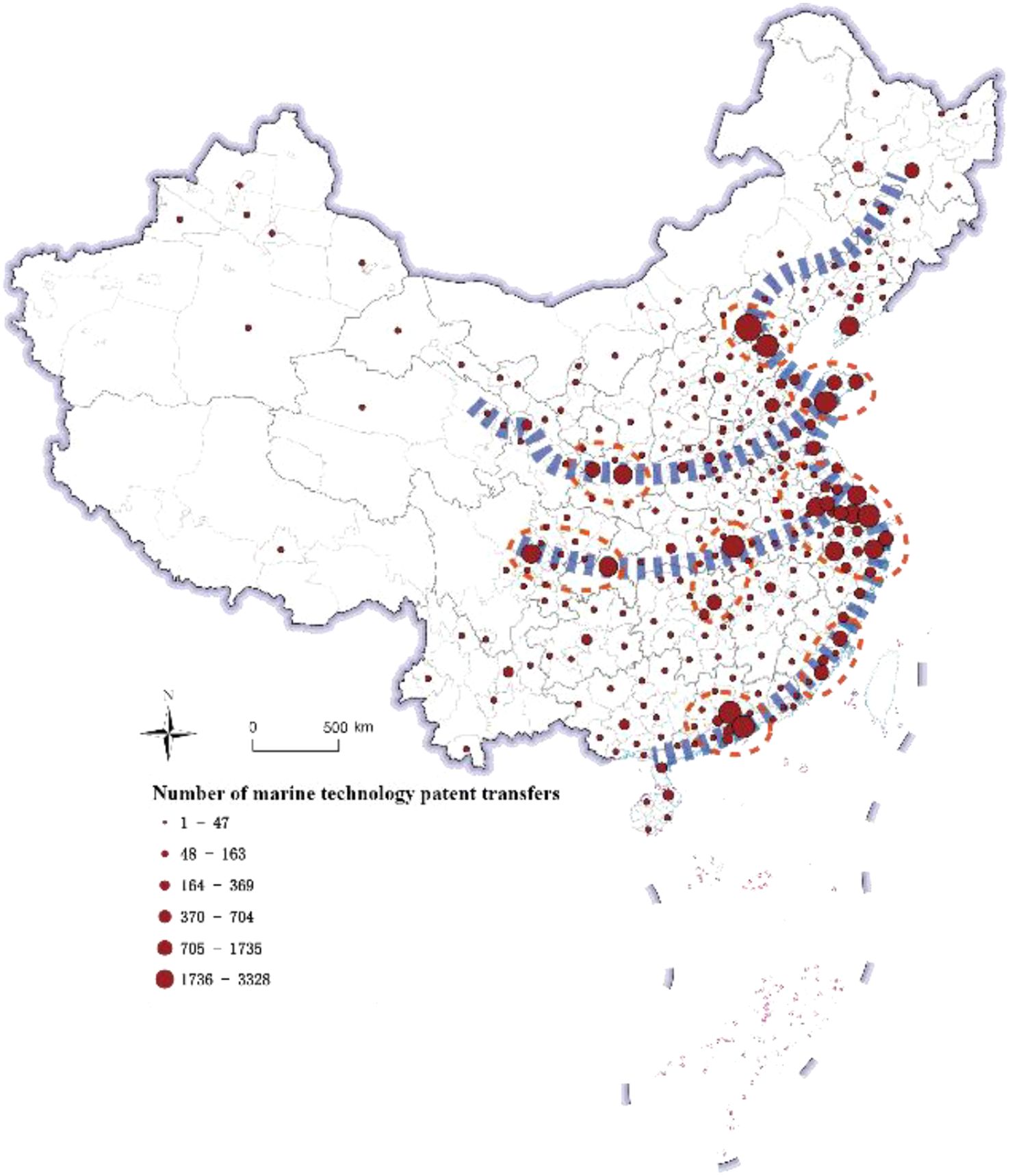 Map of China showing the distribution of marine technology patent transfers. The map features various sized circles representing the number of transfers, with larger circles indicating higher numbers ranging from 1 to 3328. Coastal areas, especially the eastern regions, have the highest concentration of transfers. A legend explains the circle sizes, and a scale indicates distance in kilometers. The map highlights regional differences in patent activity across the country.