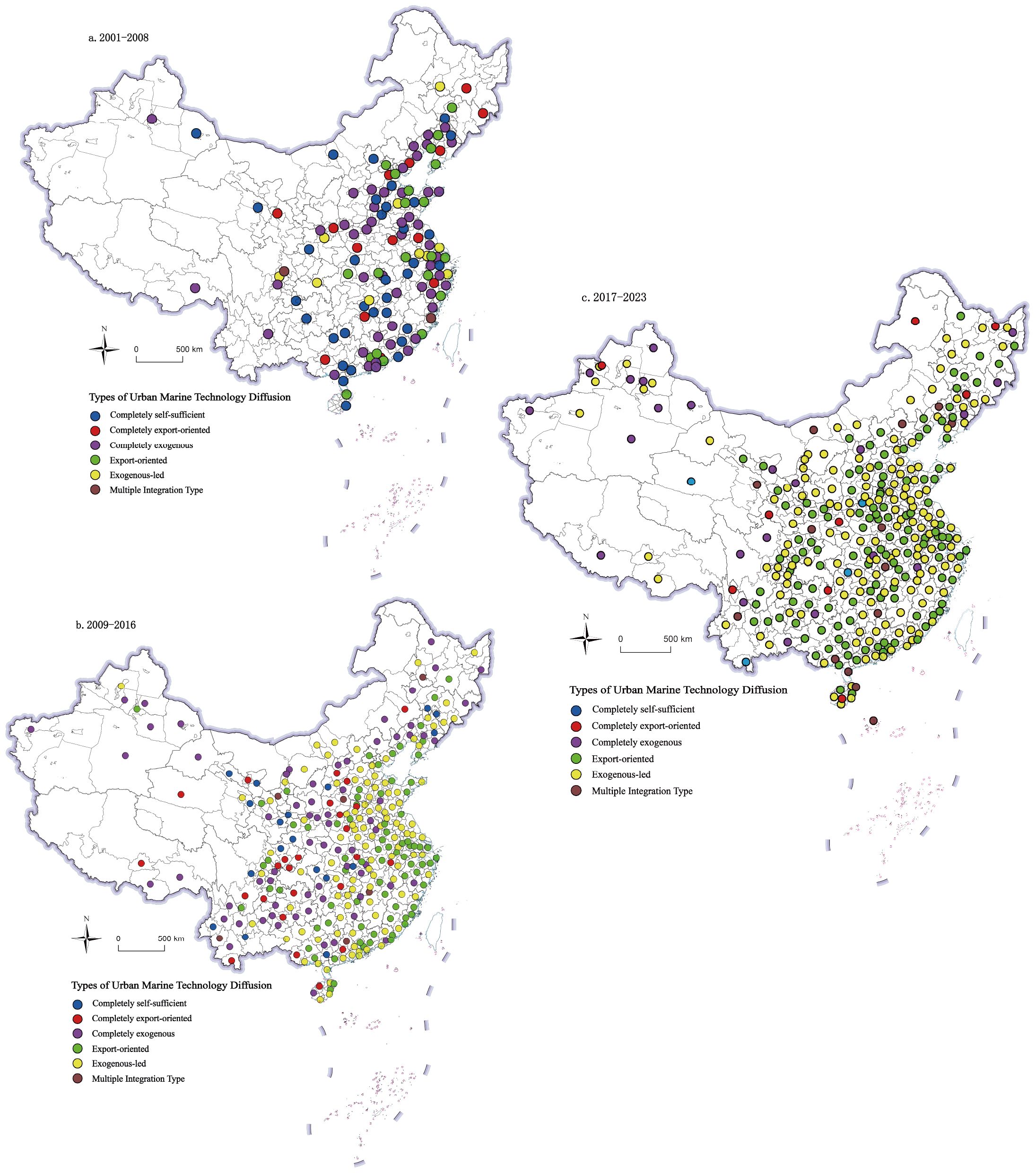 Maps of China show urban marine technology diffusion from 2001 to 2023 in three periods: 2001-2008, 2009-2016, and 2017-2023. Color-coded dots represent different development types, including self-sufficient, export-oriented, and integration types. Maps reveal shifting concentrations and distributions over time.