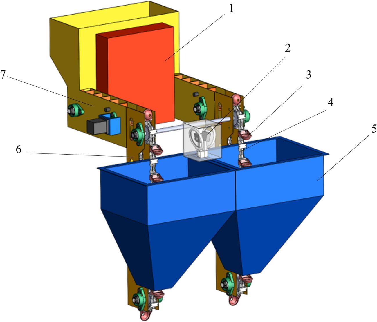 Diagram of a mechanical hopper system, featuring a yellow and red loading section labeled 1. It includes various components such as levers and connecting rods labeled 2 and 3, a central mechanism labeled 4, and dual blue collection bins labeled 5. Labels 6 and 7 point to other mechanical parts and fittings on the system.