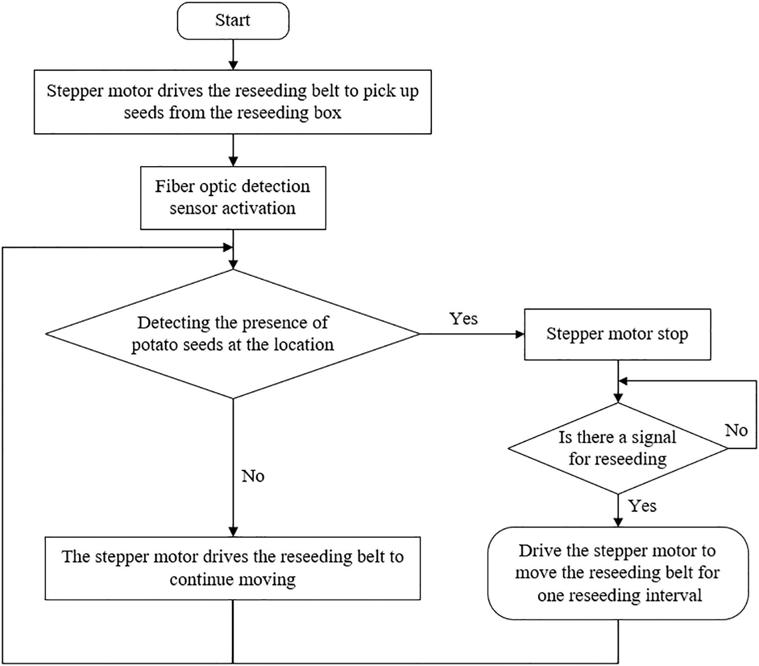 Flowchart illustrating a seed reseeding process using a stepper motor and fiber optic detection sensor. The process starts with the motor driving the reseeding belt to pick up seeds. After activation of the sensor, the system checks for the presence of potato seeds. If detected, the motor stops. If not, the motor continues moving. Upon stopping, a check for a reseeding signal occurs. If there is a signal, the motor advances the belt for one reseeding interval. If no signal, the process repeats.