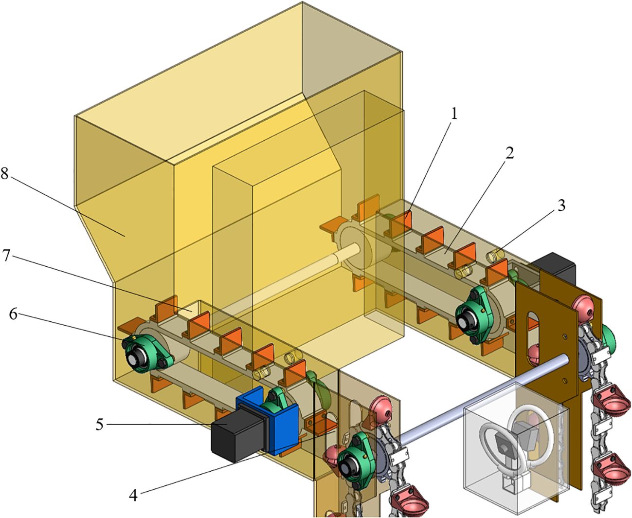 Diagram of a mechanical assembly with numbered parts. Features include a yellow housing, shafts, bearings, and chain mechanisms. Components are labeled from one to eight, indicating various structural and mechanical elements.