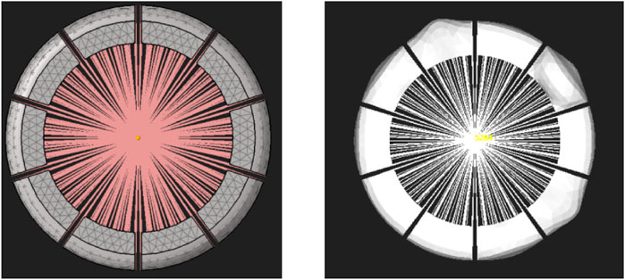 Two circular diagrams with radial lines. The left diagram is pink with a central orange dot, and triangular patterns on the outer ring. The right diagram is in grayscale, featuring a white center, and a segmented outer ring. Both have black background.