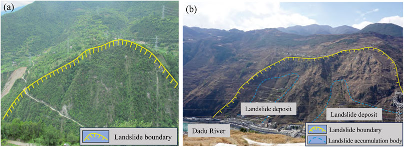 Two images compare landslide areas. (a) Shows a green hillside with a yellow line marking the landslide boundary. (b) Features a brown, rocky hillside with yellow and blue lines indicating landslide boundaries and deposits near the Dadu River.