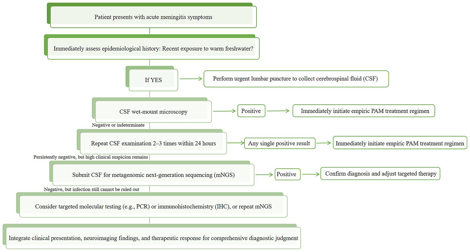 Flowchart for diagnosing acute meningitis. Assess recent freshwater exposure, perform lumbar puncture if yes. Conduct CSF wet-mount microscopy; initiate PAM treatment if positive. If negative, repeat CSF tests or use metagenomic sequencing. Further negative results may require molecular testing. Conclude with comprehensive diagnostic judgment.