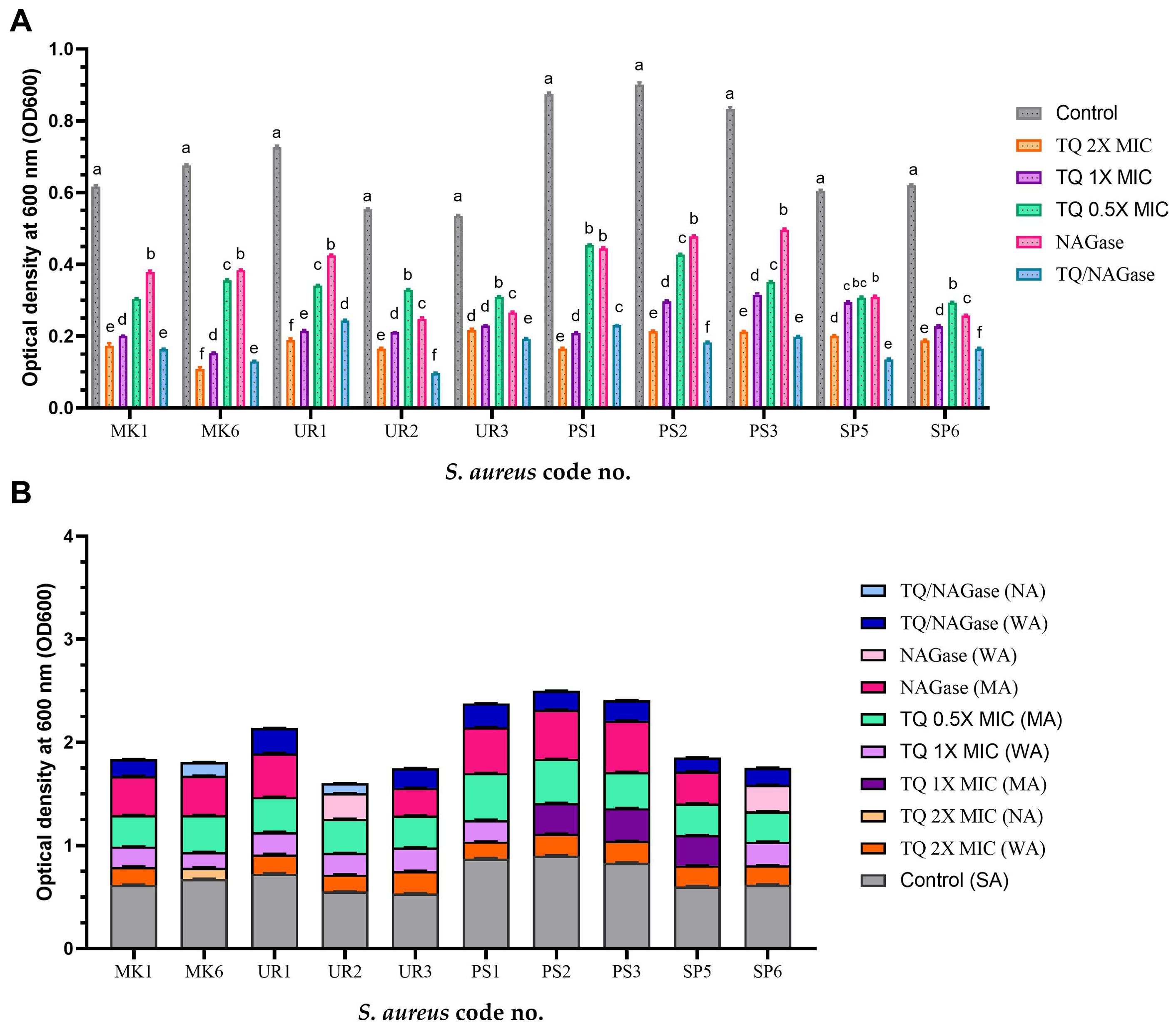 Bar graphs showing the optical density at 600 nm for different S. aureus strains. Graph A displays various treatments, with controls showing the highest density. Treatments include TQ at different MIC levels, NAGase, and TQ/NAGase. Graph B shows cumulative treatments with varying optical density, with different color bars representing multiple treatment combinations such as TQ/NAGase and NAGase under different conditions. Each strain, labeled from MK1 to SP6, is compared across treatment types.