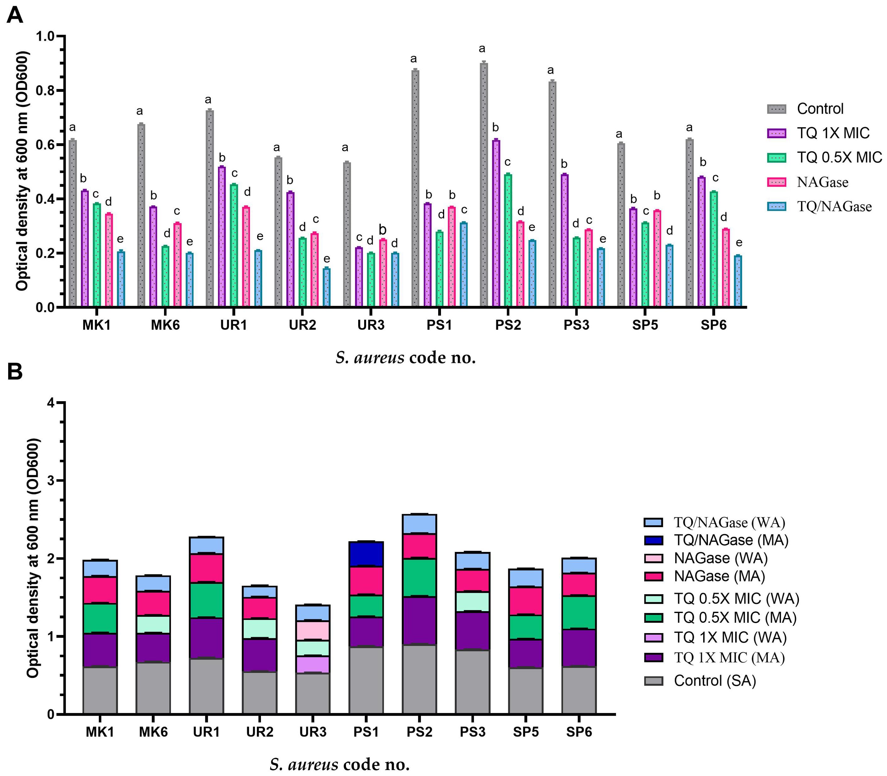 Bar charts depicting the optical density at 600 nanometers for various *S. aureus* strains. Chart A compares control and four treatment groups (TQ 1X MIC, TQ 0.5X MIC, NAGase, TQ/NAGase) across different *S. aureus* codes (MK1, MK6, UR1, UR2, UR3, PS1, PS2, PS3, SP5, SP6). Chart B shows stacked bars indicating contributions from various treatments (TQ/NAGase, NAGase, TQ MIC) across the same strains, with legend detailing treatment conditions. Different letters denote statistical significance among treatments.