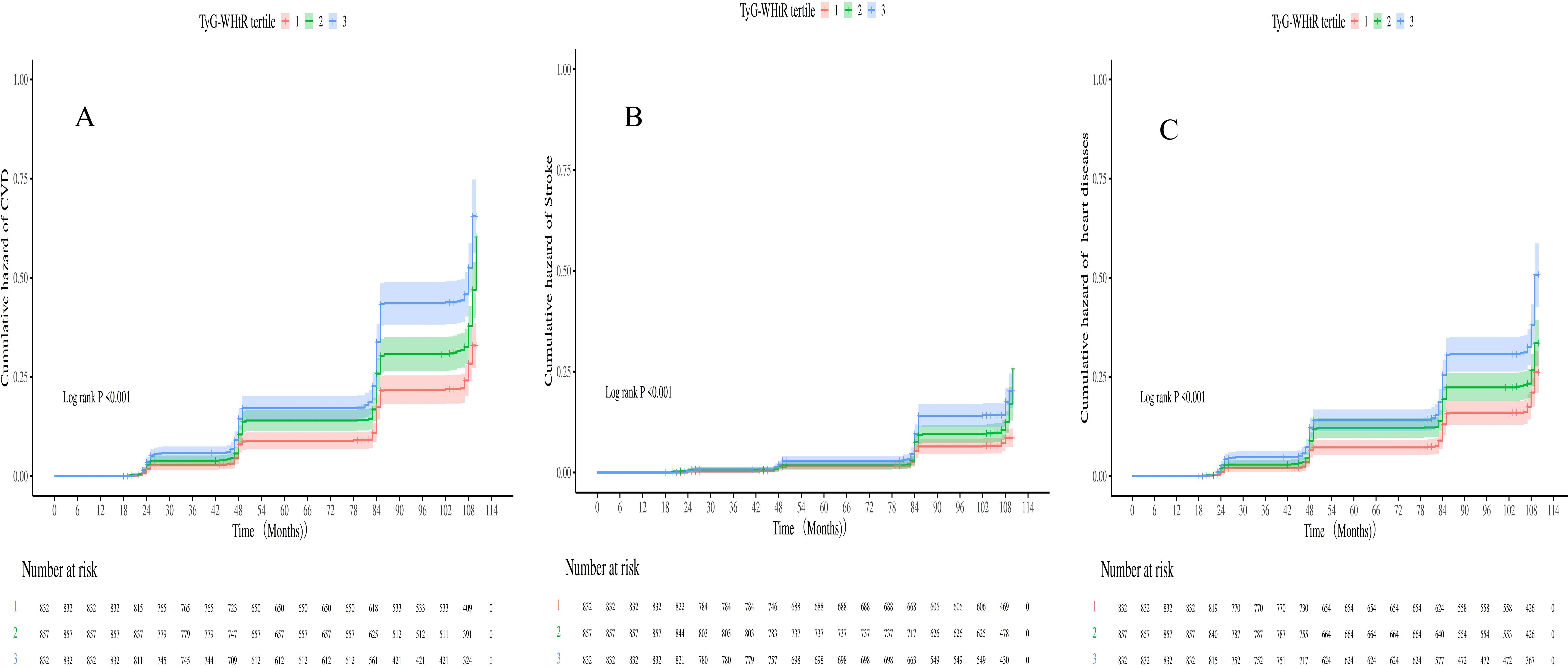 Kaplan-Meier plots depict the cumulative hazard of cardiovascular disease (A), stroke (B), and heart diseases (C) over time in months, comparing three TyG-WHR tertiles represented by red, green, and blue lines. The number at risk is provided below each plot. All panels show a log-rank p-value of less than 0.001.