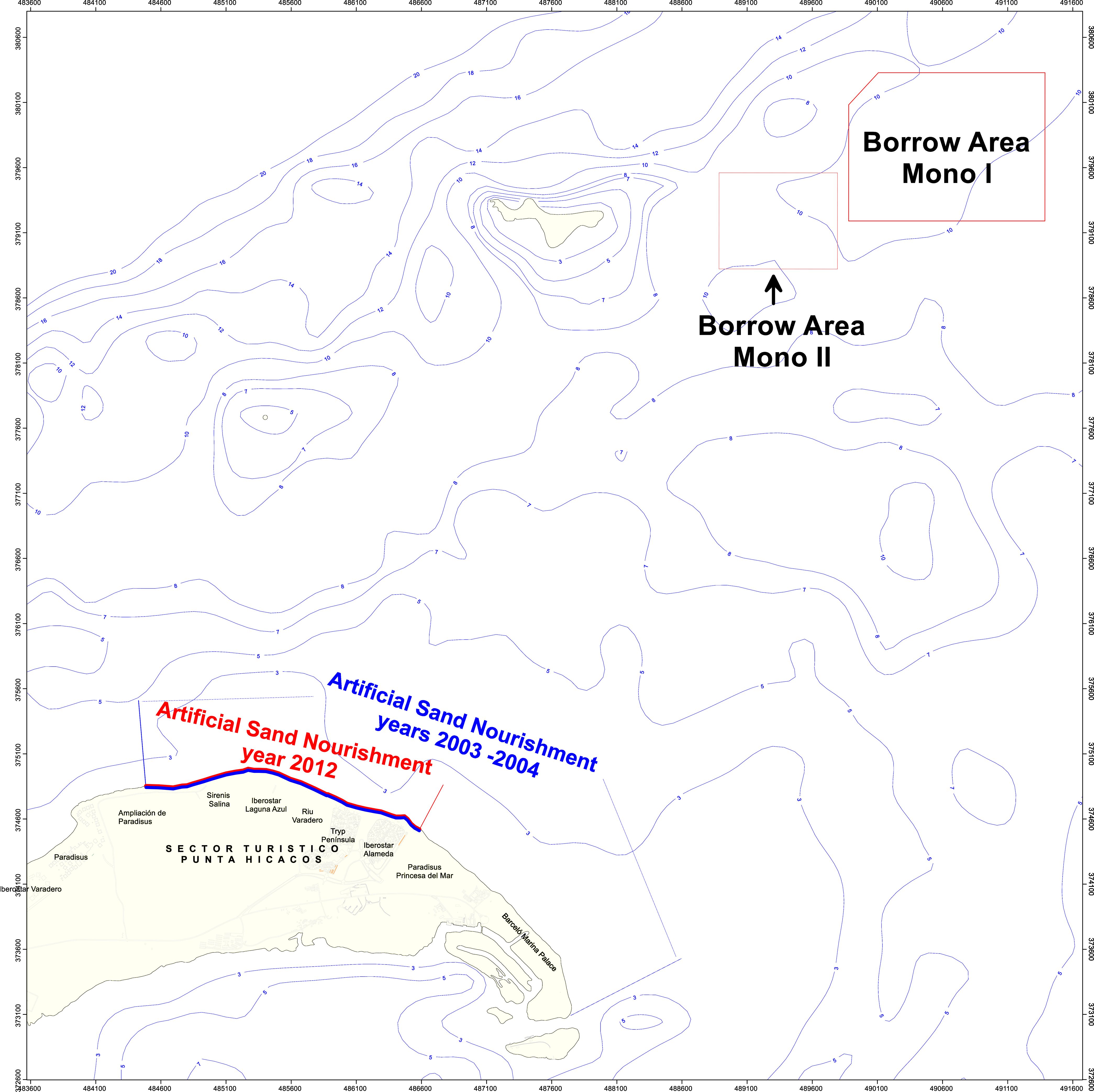 Topographic map showing borrow areas Mono I and Mono II. The map also highlights artificial sand nourishment sites at Sector Turístico Punta Hicacos, with projects from 2003-2004 and 2012. Contour lines detail elevation changes.