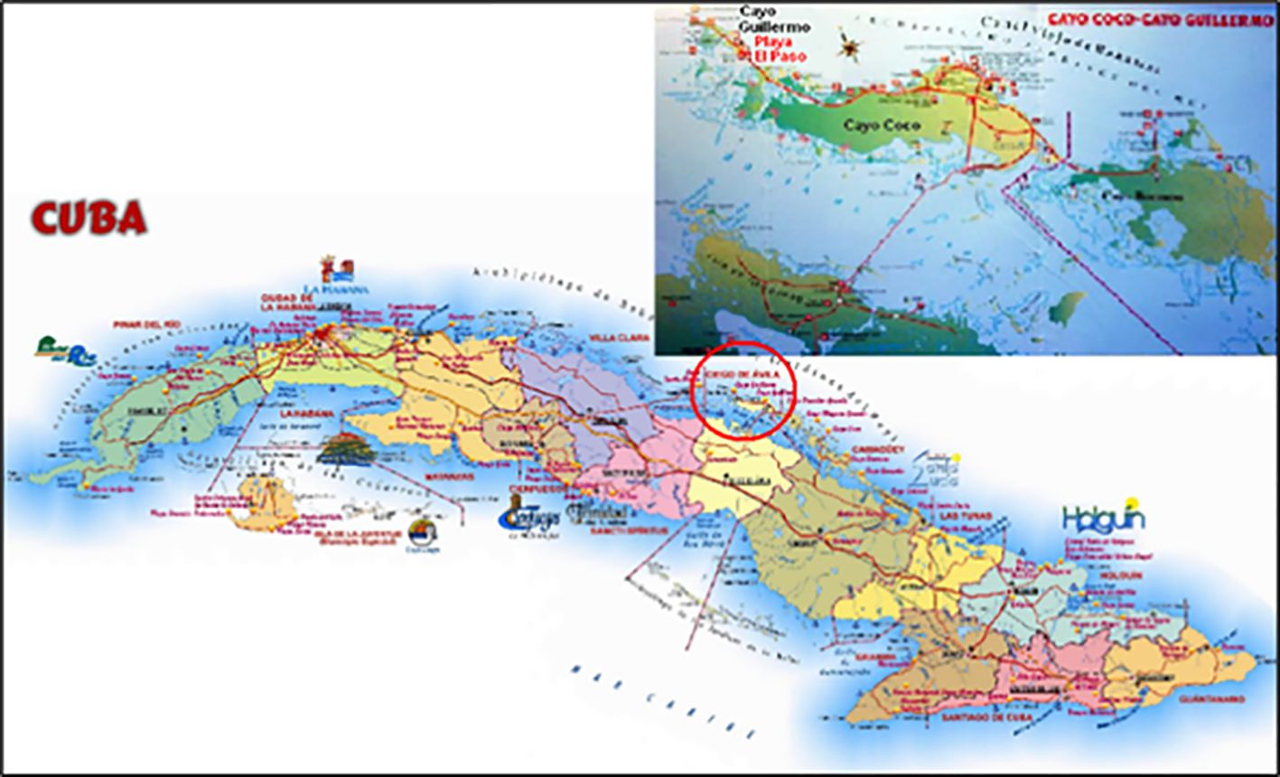 Map of Cuba showing its provinces labeled in different colors. Cities and roads are marked. An inset highlights Cayo Coco and Cayo Guillermo in northern Cuba, with a red circle around Ciego de Ávila.