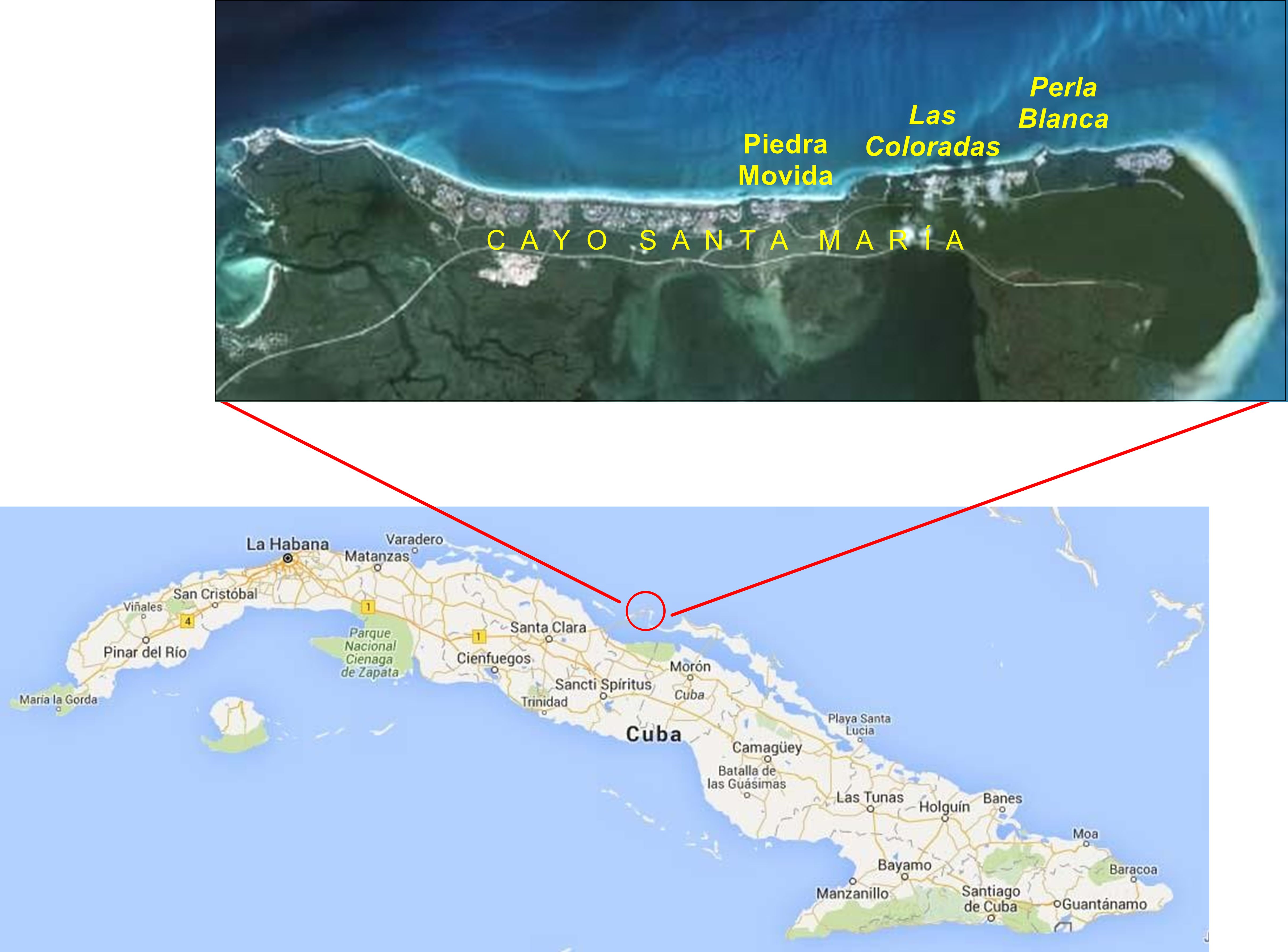 Map showing Cuba with an inset zooming into Cayo Santa Maria. The inset highlights locations labeled Piedra Movida, Las Coloradas, and Perla Blanca along the cay. A red line connects the inset to its location on the main map.