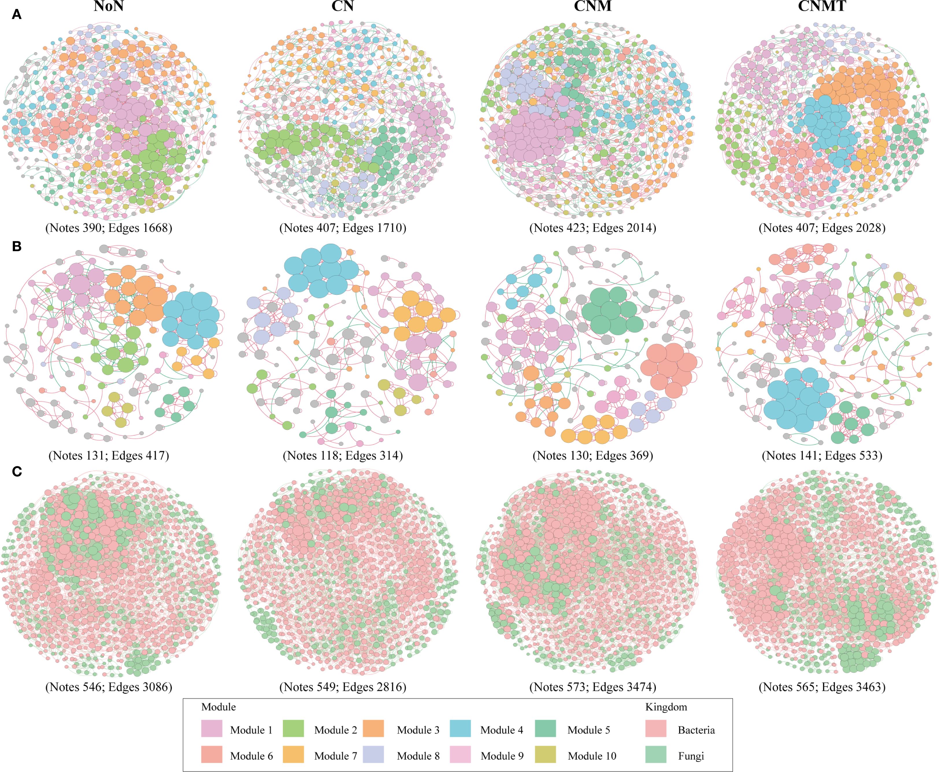 Network graphs illustrating microbial community structures, organized into three panels labeled A, B, and C. Each panel showcases four circular diagrams labeled NoN, CN, CNM, and CNMT. Nodes and edges are color-coded based on modules, with a legend indicating ten modules and two kingdoms: bacteria and fungi. Panel A diagrams feature dense, overlapping nodes, while Panel B shows sparser, more distinct groupings. Panel C displays highly interconnected networks with many small nodes. Each diagram includes a note specifying the number of nodes and edges.
