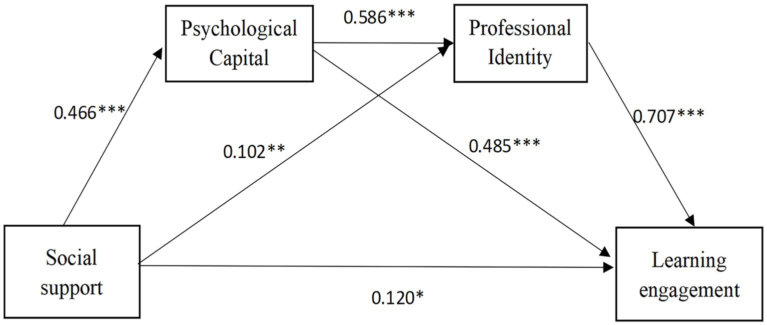 illustrates that (1) Social support was positively associated with psychological capital (0.466***), and psychological capital was positively related to learning engagement (0.485***). So psychological capital functions is a mediating variable. (2) Social support was associated with professional identity (0.102**), and professional identity was positively associated with learning engagement (0.707***). So professional identity functions is a mediating variable. (3)Psychological capital was positively associated with professional identity (0.586***). So psychological capital and professional identity function as chain mediators in the relationship between social support and learning engagement. Meanwhile, social support continues to be associated with learning engagement (0.120*).