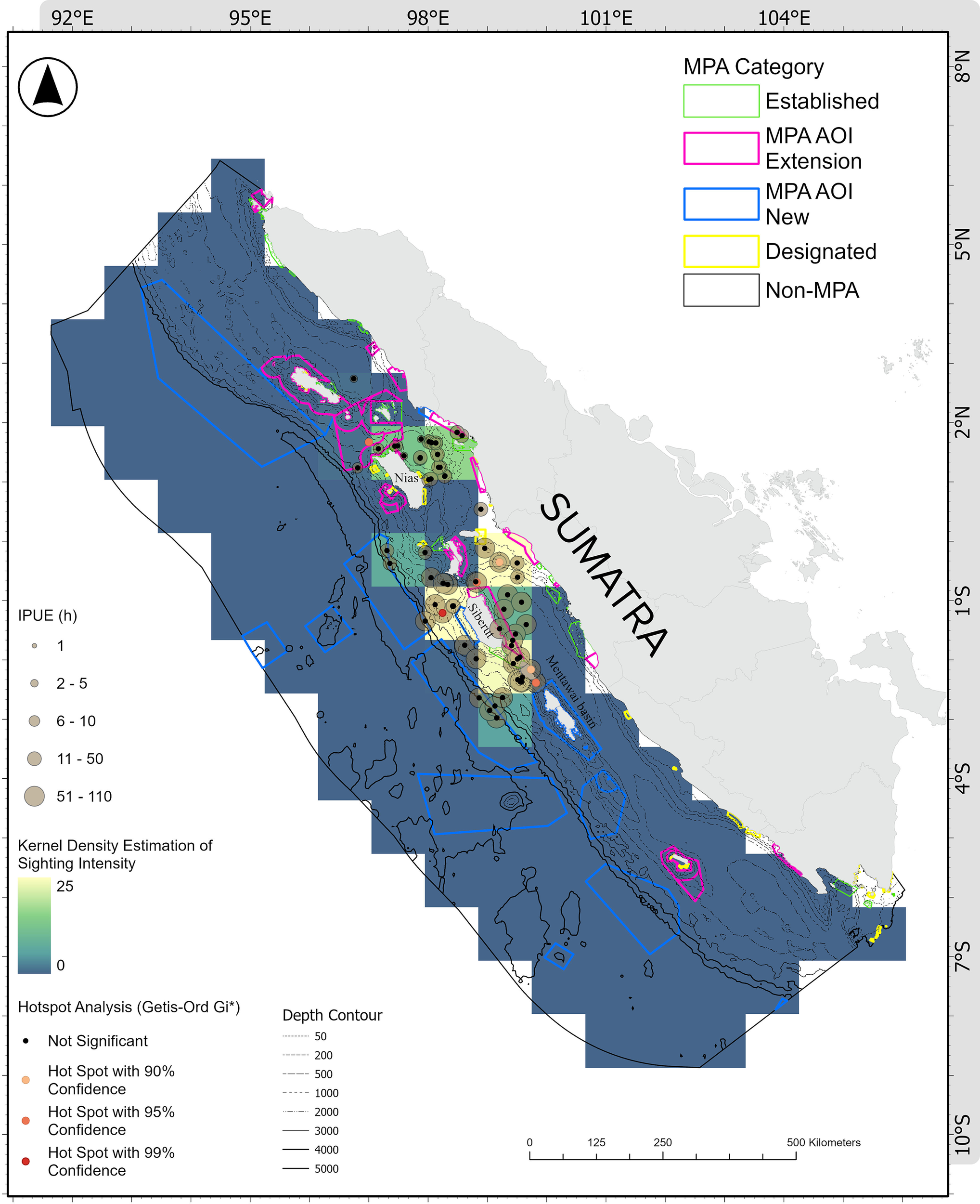 Map of marine protected areas around Sumatra. Categories include established, extension, new, designated, and non-MPA, in various colors. Depth contours and kernel density estimation indicate sighting intensity. Hotspot analysis with confidence levels is shown, ranging from not significant to 99% confidence.