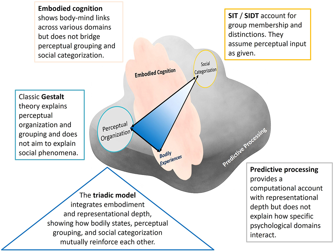Diagram illustrating the triadic model within a psychological plane that includes embodied cognition. The model connects bodily experience, perceptual organization, and social categorization. This psychological plane lies atop the predictive processing plane, which offers computational perspectives without detailing interactions between specific psychological domains. Embodied cognition lacks a bridge linking perceptual organization and social categorization. Gestalt organization does not account for social phenomena, and social categorization theories (SIT/SIDT) assume perceptual units as given. The triadic model highlights reciprocal reinforcement among bodily states, perceptual grouping, and social categorization.
