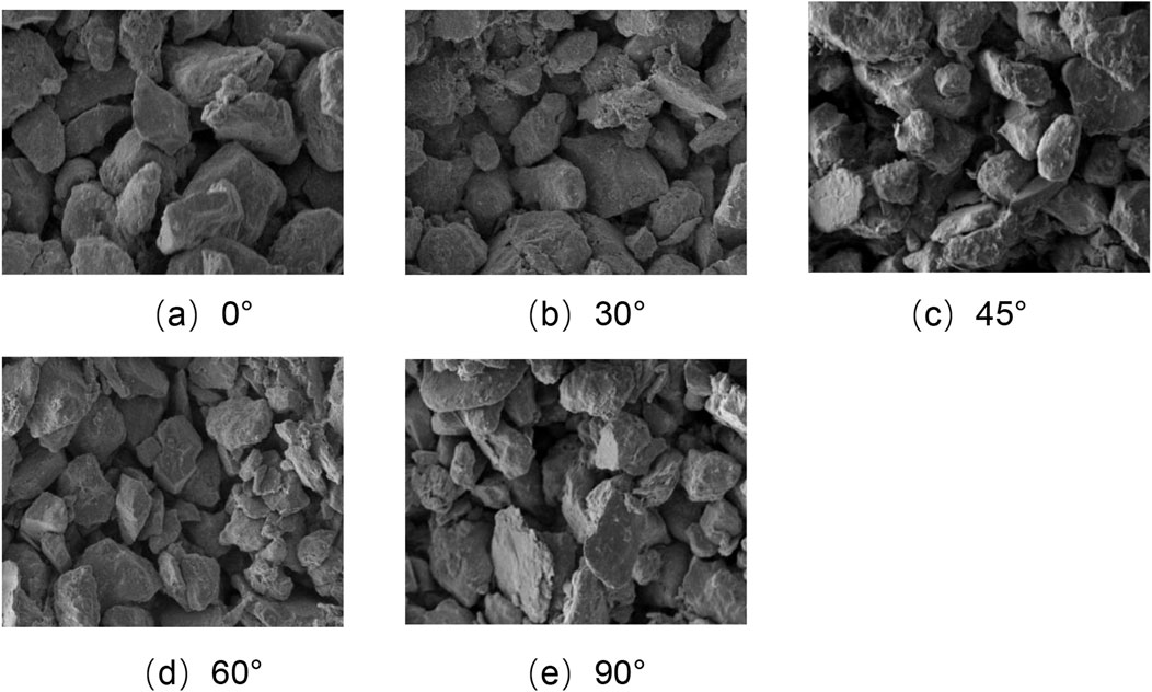 Scanning electron microscope images of particle surfaces at different tilt angles: (a) zero degrees, (b) thirty degrees, (c) forty-five degrees, (d) sixty degrees, (e) ninety degrees. Each image shows varying textures and surface details of clustered particles.
