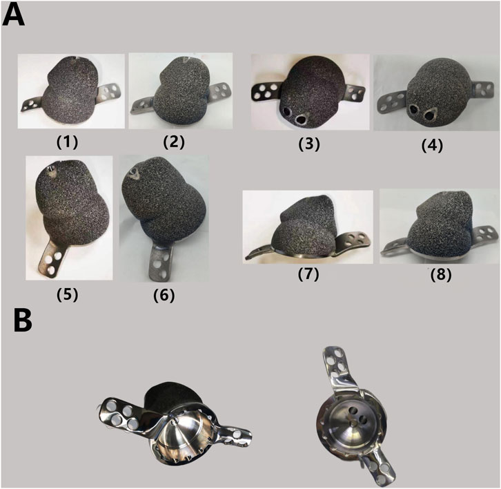 Group A shows eight images of textured orthopedic implants with metal extensions, featuring various angles and hole configurations. Group B presents two images of similar implants viewed from below, highlighting the metal structure and design.