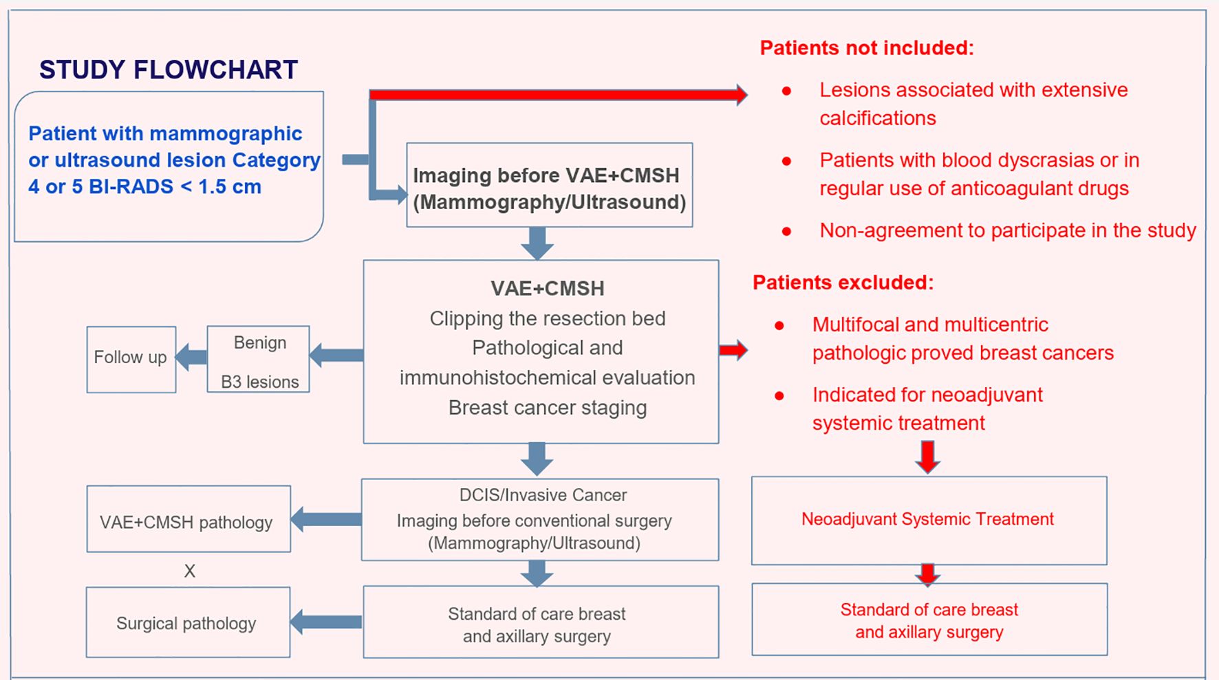 Study flowchart for patients with mammographic or ultrasound lesion Category 4 or 5 BI-RADS under 1.5 cm. It details steps from imaging before VAE+CMSH, pathological evaluation, to breast cancer staging and surgery. Exclusions include patients with extensive calcifications, blood dyscrasias, non-agreement, multifocal cancers, or those needing neoadjuvant treatment, who follow a separate pathway.