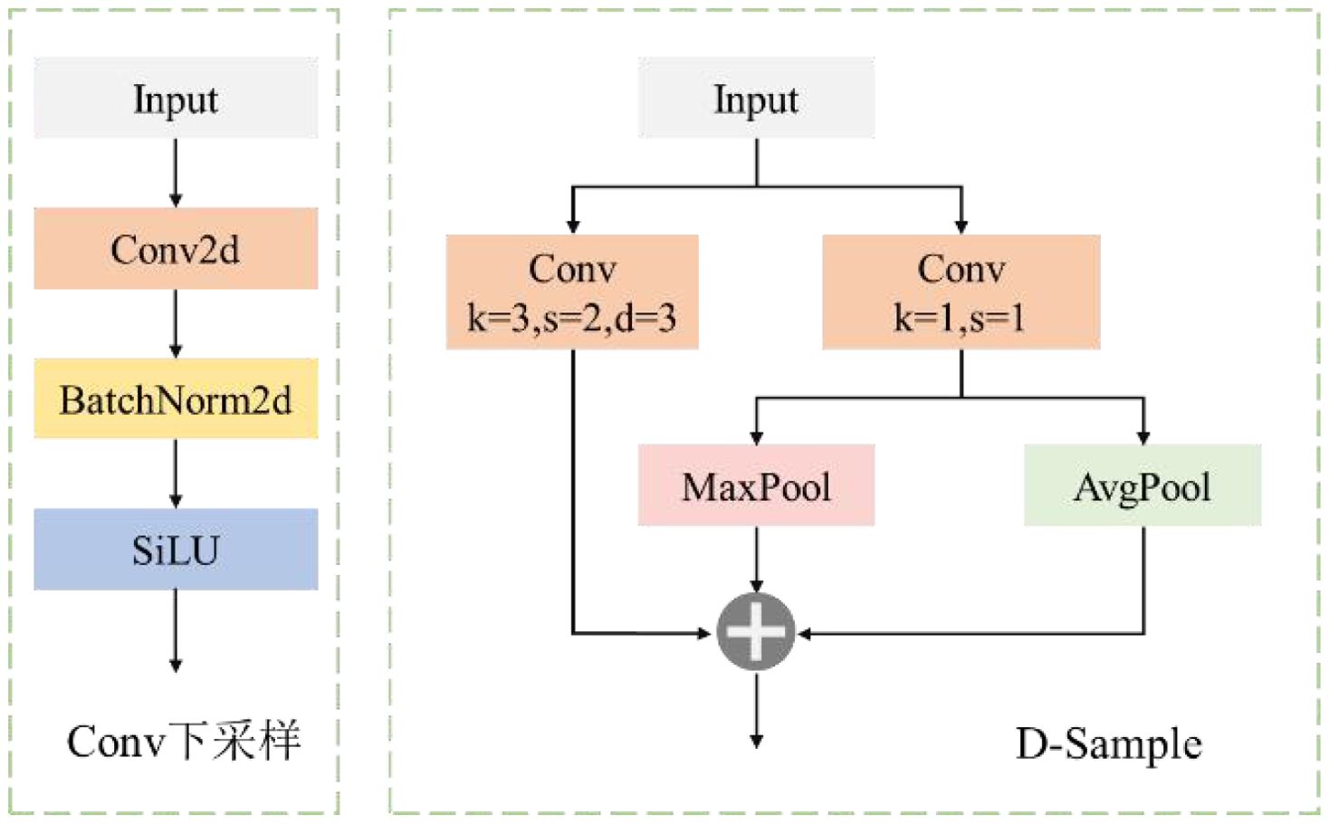 Diagram showing two convolutional neural network (CNN) modules. The first module involves input processing through Conv2d, BatchNorm2d, and SiLU activation. The second module, D-Sample, splits into two paths: one with parameters Conv (k=3, s=2, d=3) followed by MaxPool, and another with Conv (k=1, s=1) followed by AvgPool. Both paths converge at a summation point.