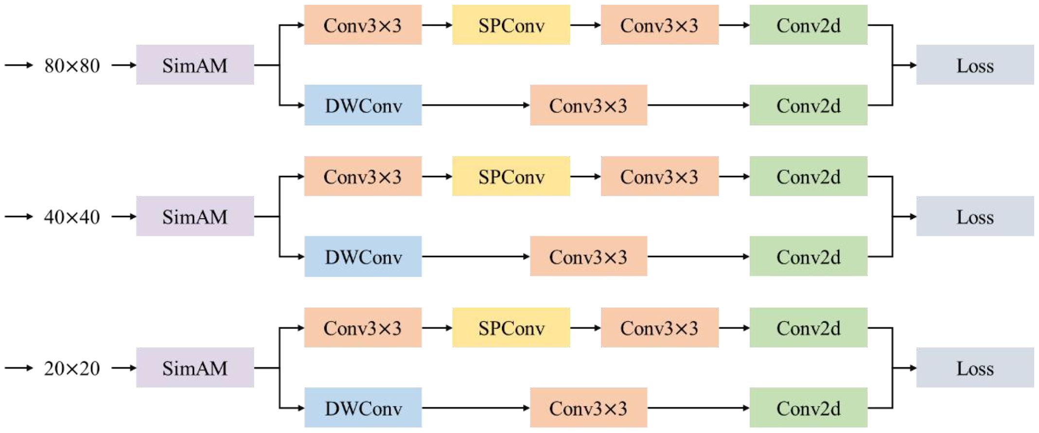 Flowchart illustrating three neural network architectures with input sizes of eighty by eighty, forty by forty, and twenty by twenty. Each architecture includes modules labeled SimAM, followed by Conv3x3, SPCConv, Conv3x3, Conv2d, with a parallel path for DWConv, and ends with a Loss calculation. Arrows indicate the flow between modules.
