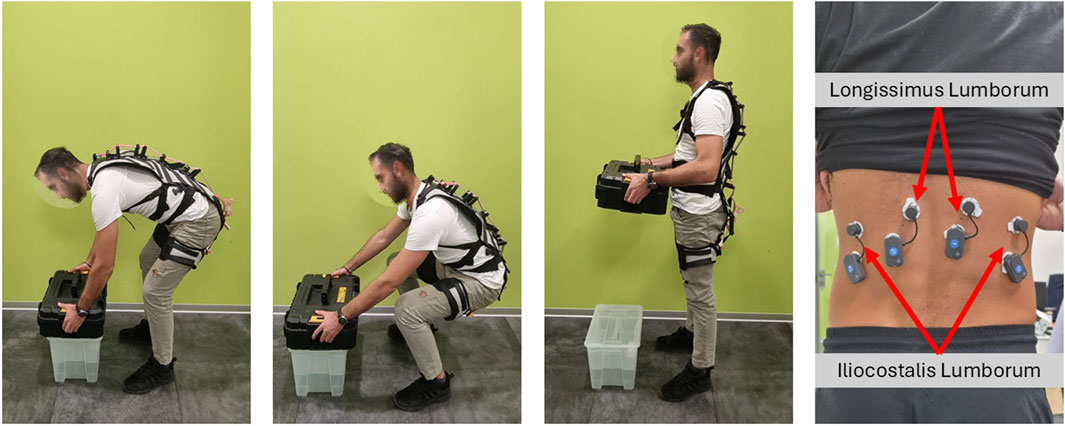 A person is demonstrating a lifting motion using a back support exoskeleton. The sequence shows bending, squatting, and standing postures. In a separate close-up, sensors are attached to the lower back, highlighting the Longissimus and Iliocostalis Lumborum muscles.