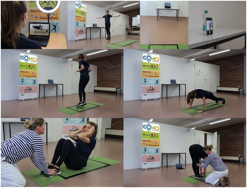 A series of images showing a fitness class in progress. A woman performs exercises in a room with banners and a laptop. She is seen holding different poses, such as standing with arms extended, jumping, doing planks, sit-ups, and stretching with guidance from an instructor. A smartphone and water bottle are also seen on a table. The setting is indoors, with exercise mats on the floor.