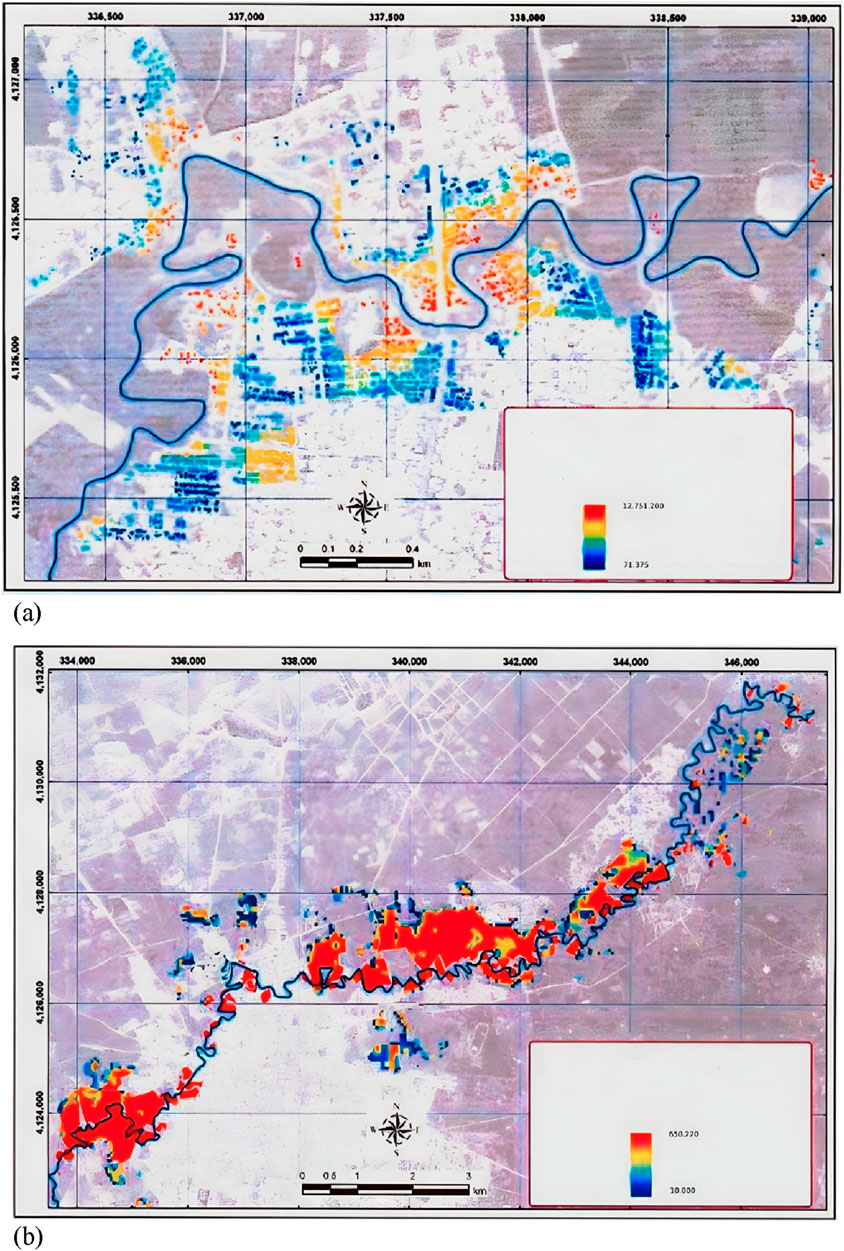 Top image is a map with a river outlined in blue, displaying data points in varying colors from blue to orange, indicating different data values. Bottom image shows another map section with a river, featuring data points colored from blue to red, indicating a range of values. Both maps include a color scale legend and coordinate grid.