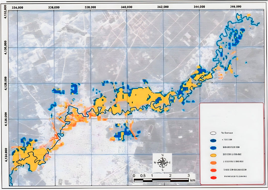 Map depicting land subsidence along a river with varying levels marked by colors. Blue indicates low deformation, yellow moderate, and red high. A compass and distance scale are included.