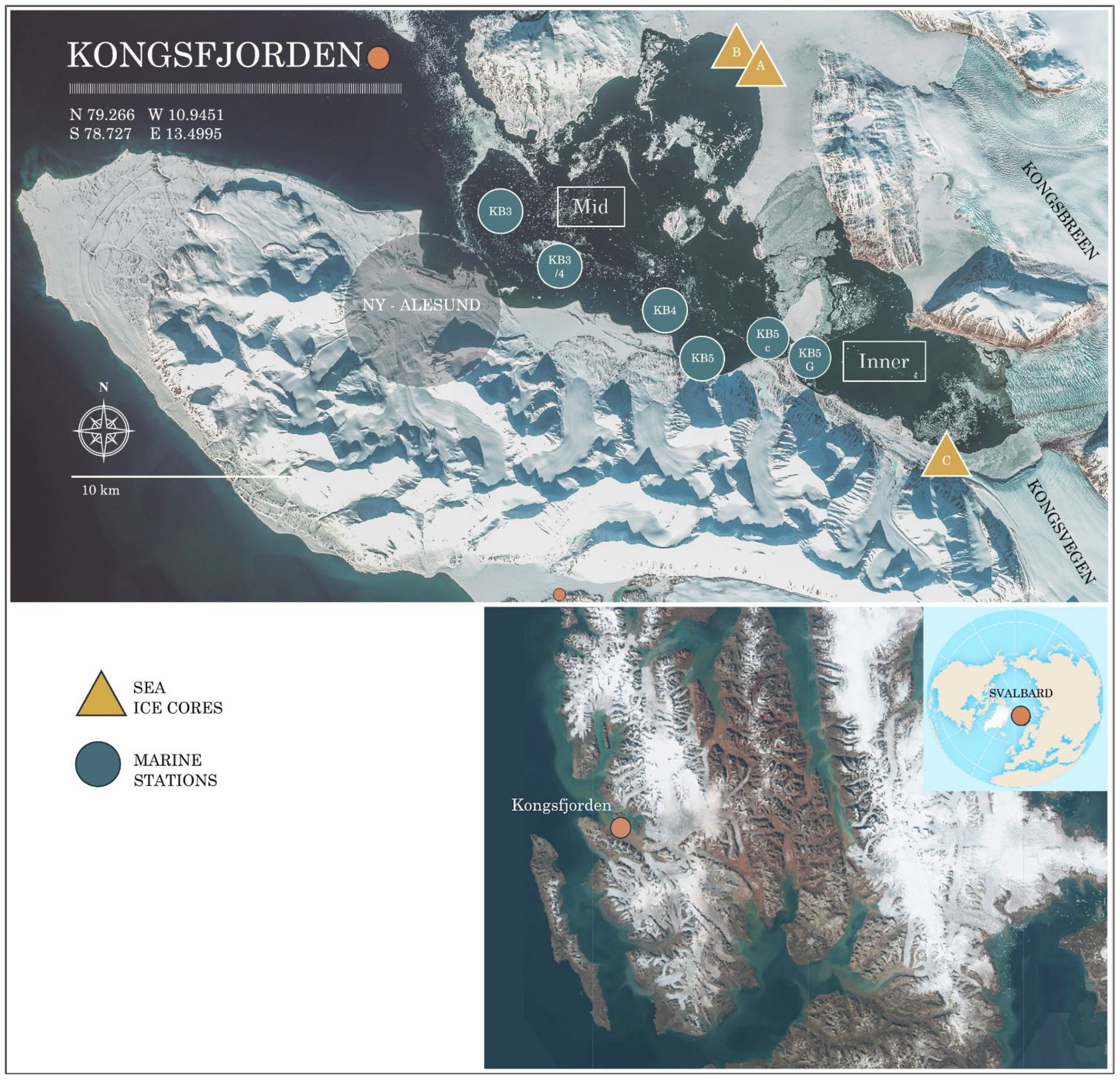 Map depicting Kongsfjorden in Svalbard, showing topographical details with snow-covered areas and marine stations marked as circles. Sea ice core locations are indicated by triangles. A scale, compass, and coordinate grid are included. An inset map positions Kongsfjorden within the Svalbard archipelago.
