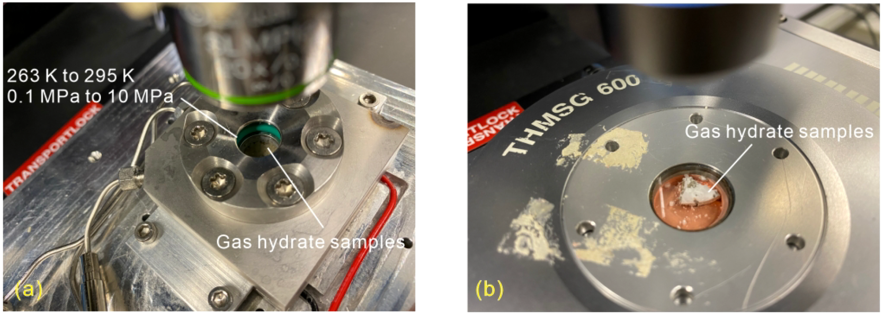 Test setup images showing gas hydrate samples. Panel (a) displays a metal apparatus with gas hydrate samples and labeled conditions of two hundred sixty-three Kelvin to two hundred ninety-five Kelvin and zero point one to ten megapascal. Panel (b) features another apparatus labeled THMSG 600 with a visible gas hydrate sample on an orange surface.