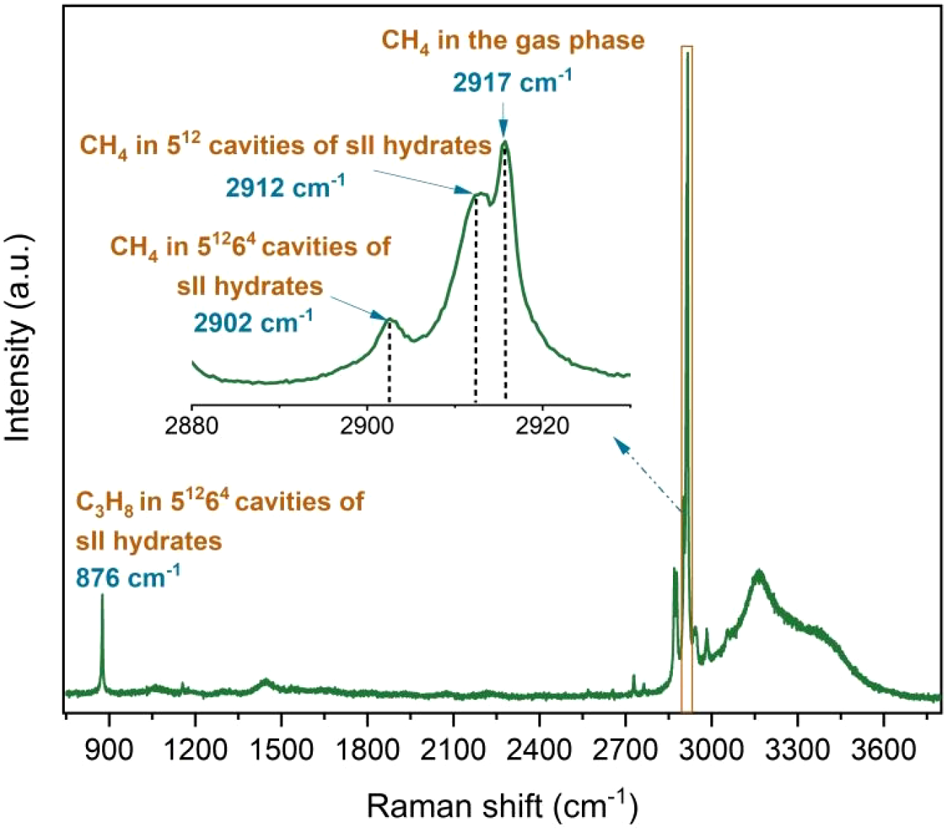 Graph depicting Raman spectroscopy of methane and propane in hydrate cavities. Peaks are labeled for methane at 2917, 2912, and 2902 cm⁻¹ and propane at 876 cm⁻¹. Intensity is plotted against Raman shift in cm⁻¹. Inset zooms on methane peaks.