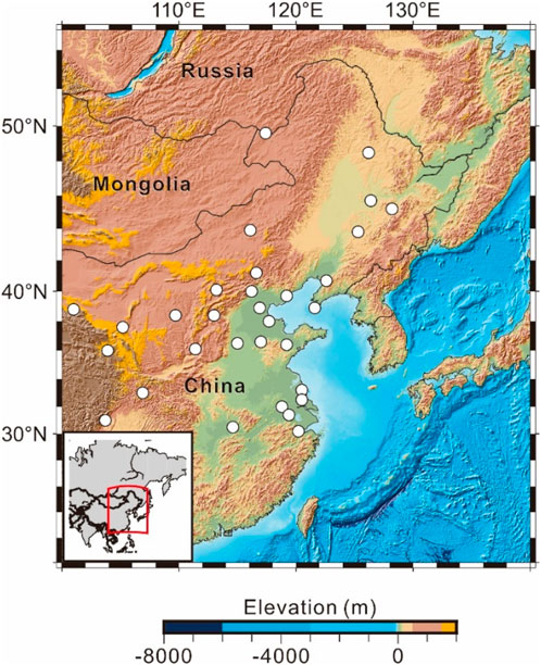 Map showing elevation in parts of Russia, Mongolia, and China with contour lines and shading. White circles indicate specific locations. An inset map shows the region's location in Asia. The elevation scale ranges from below -8000 meters to above 0 meters.