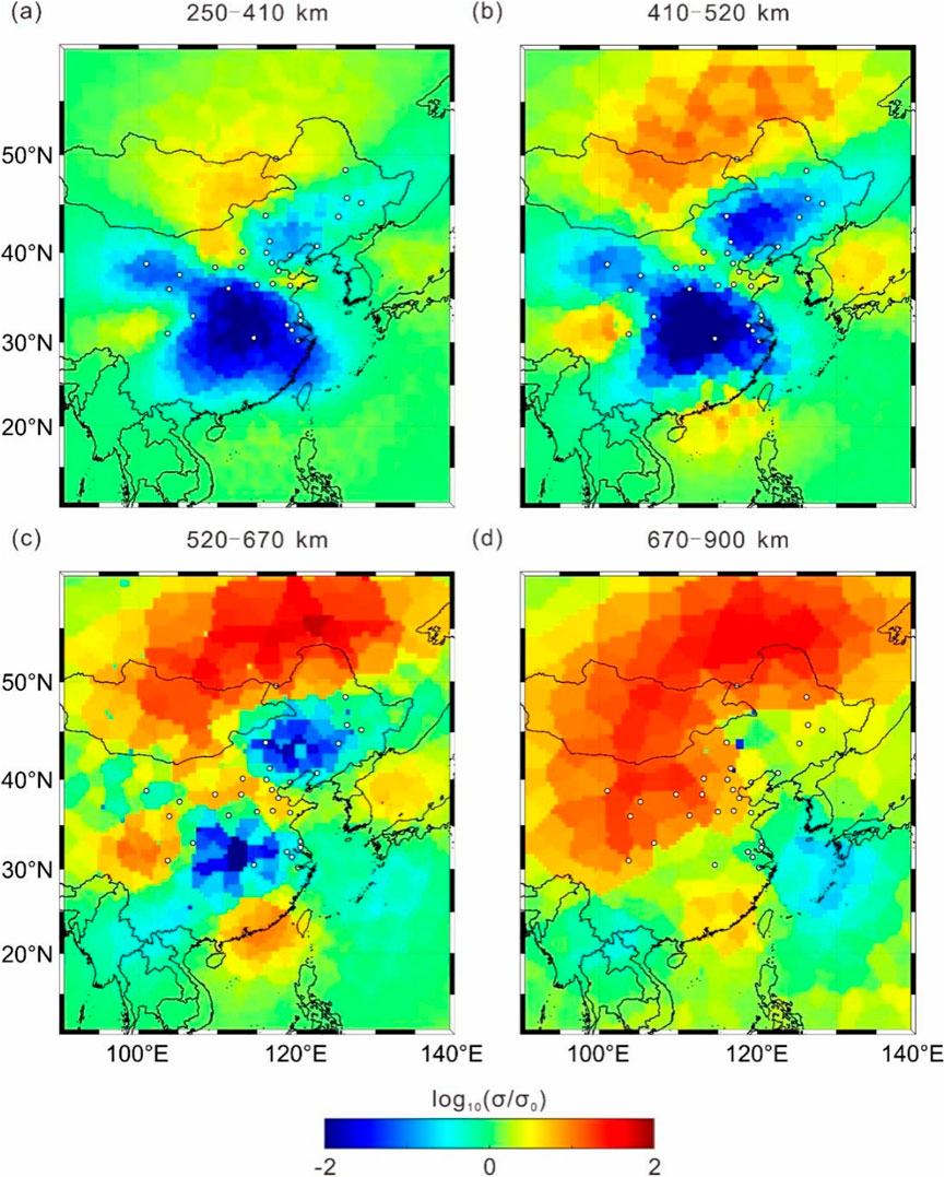 Four maps of China displaying subsurface conductivity variations at depths of 250-410 km, 410-520 km, 520-670 km, and 670-900 km. Color gradient ranges from blue (low conductivity) to red (high conductivity). Each map highlights different regional conductivity patterns, with significant variability across depths.