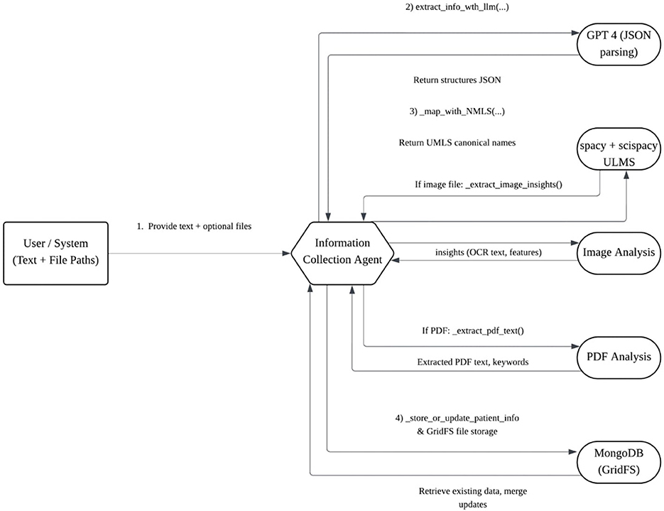 Flowchart illustrating an information processing system. A user/system provides text and files to an Information Collection Agent, which interacts with multiple components: GPT-4 for JSON parsing, spaCy for UMLS mapping, Image Analysis for OCR insights, PDF Analysis for extracting text, and MongoDB for data storage. Each component processes information and sends data back to the agent, which stores or updates patient info and merges updates.
