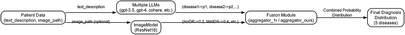 Flowchart illustrating a diagnostic process using AI models. It starts with patient data including text descriptions and optional image paths. The text is processed by multiple large language models (gpt-3.5, gpt-4, cohere) providing probabilistic disease predictions. Images are analyzed by an image model (ResNet18). Outputs are merged in a fusion module, generating a combined probability distribution for a final diagnosis across five diseases.