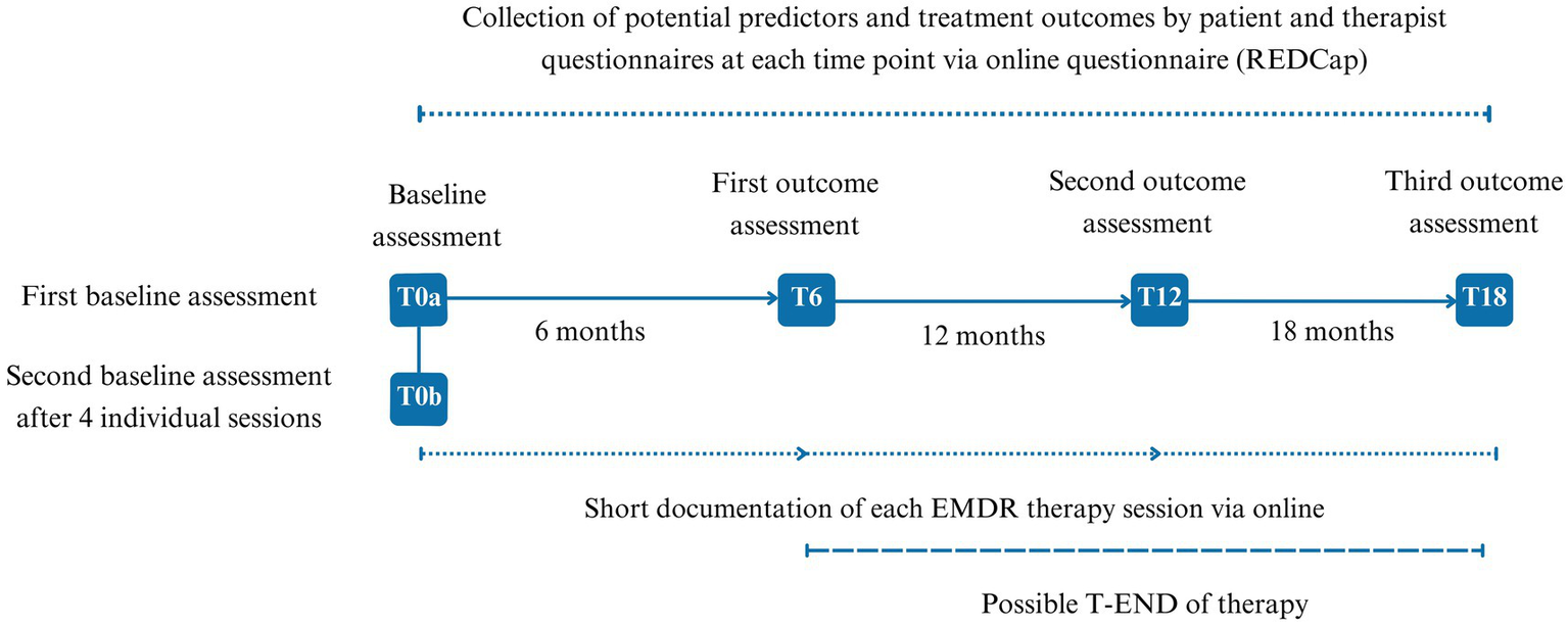 Timeline chart outlining assessments and potential treatment outcomes over 18 months. Baseline assessments at T0a and T0b, followed by outcome assessments at T6, T12, and T18. Documentation occurs throughout each EMDR therapy session, with possible therapy end at T18. Data collected via online questionnaires.
