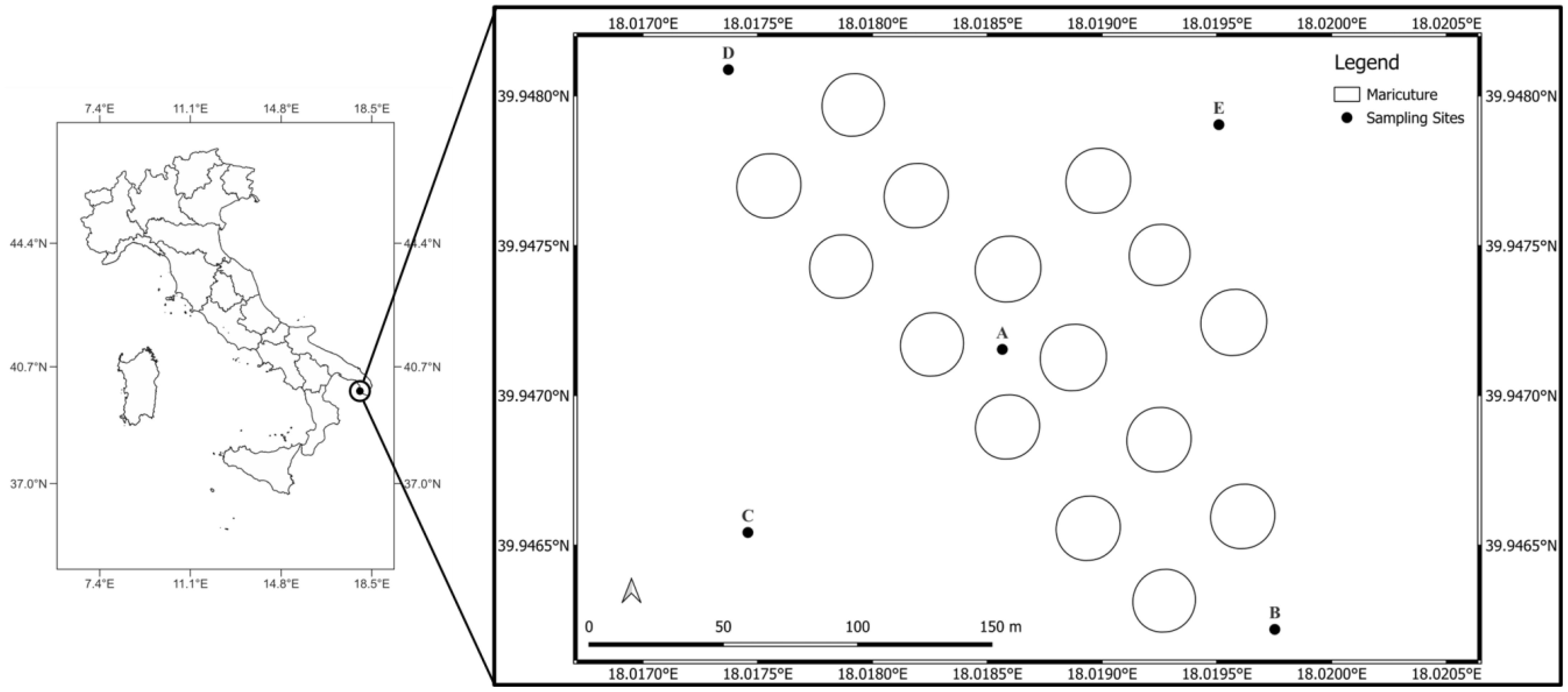 Map showing the location of sampling sites in relation to Italy. The zoomed-in section highlights mariculture areas with labeled sampling sites A, B, C, D, and E. A legend indicates mariculture as open squares and sampling sites as solid circles, with coordinates provided for both sections.