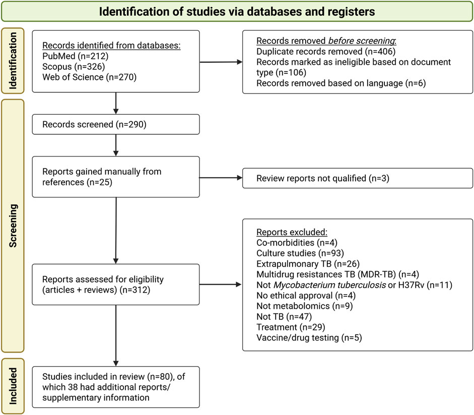 Flowchart illustrating study identification and selection from PubMed, Scopus, and Web of Science (808 records). After removing duplicates, ineligible types, and non-English studies, 290 records were screened, with 25 additional reports identified manually. Exclusions included reviews, studies with co-morbidities, culture models, extrapulmonary TB, multidrug resistance, non-TB topics, and missing ethical approval. A total of 80 studies were included, with 38 providing supplementary information.